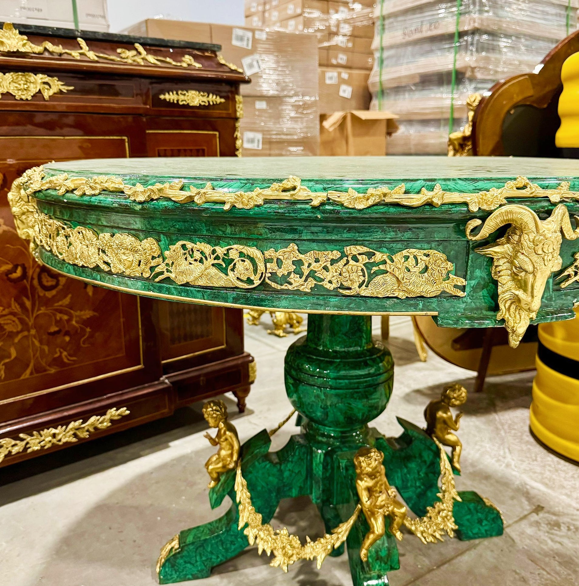 French Rococo Style Green Dining Table Round Pedestal Refinished with Bronze