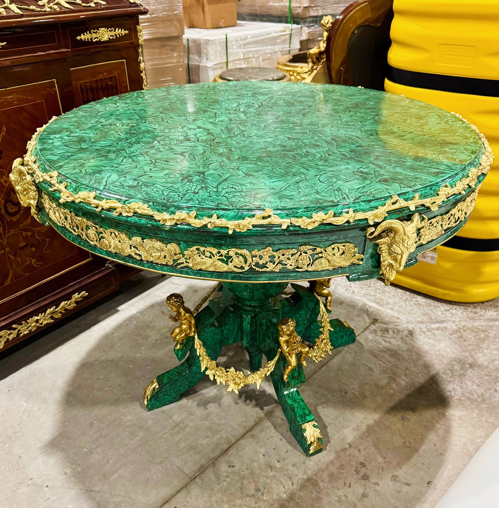 French Rococo Style Green Dining Table Round Pedestal Refinished with Bronze