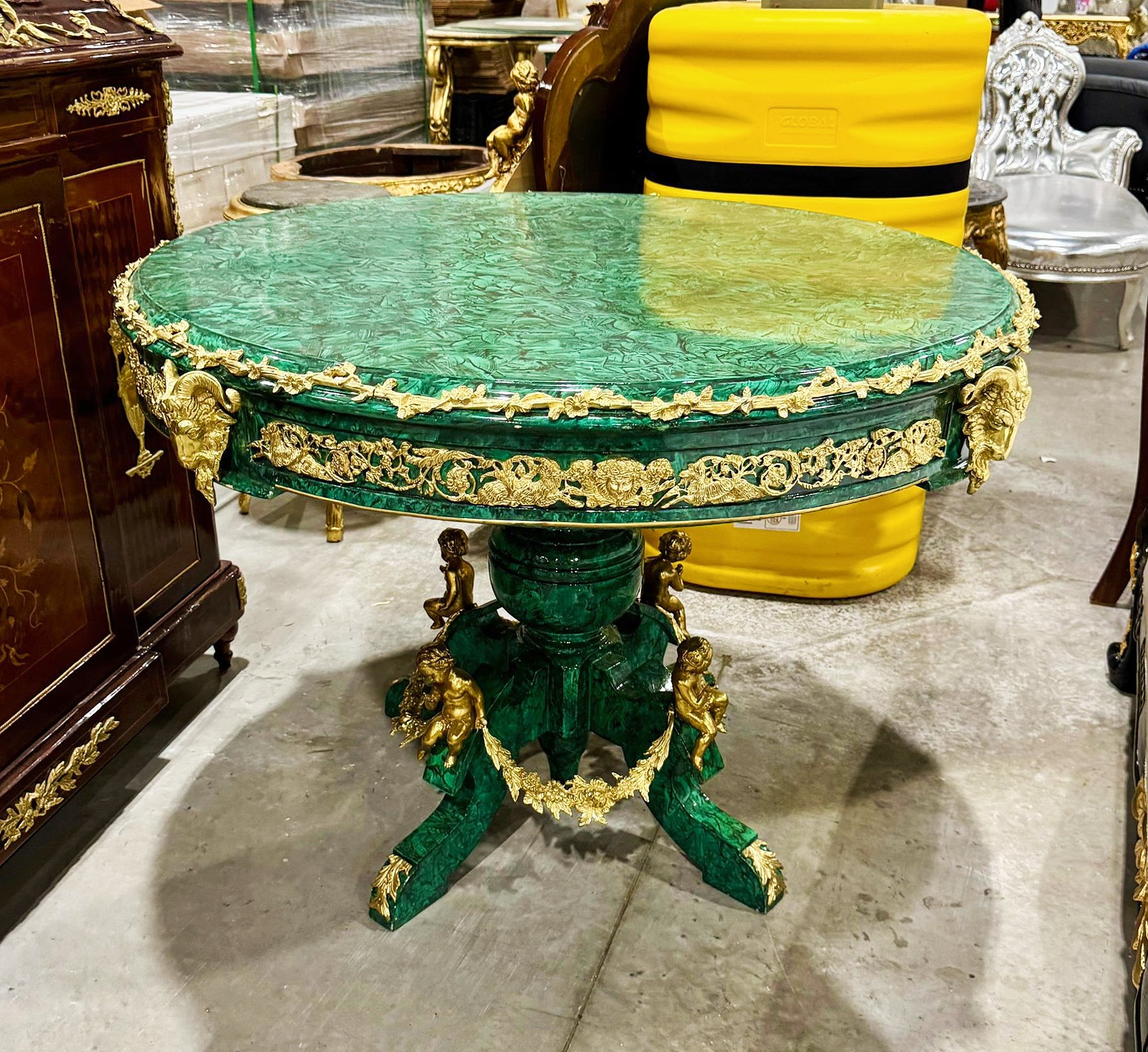 French Rococo Style Green Dining Table Round Pedestal Refinished with Bronze