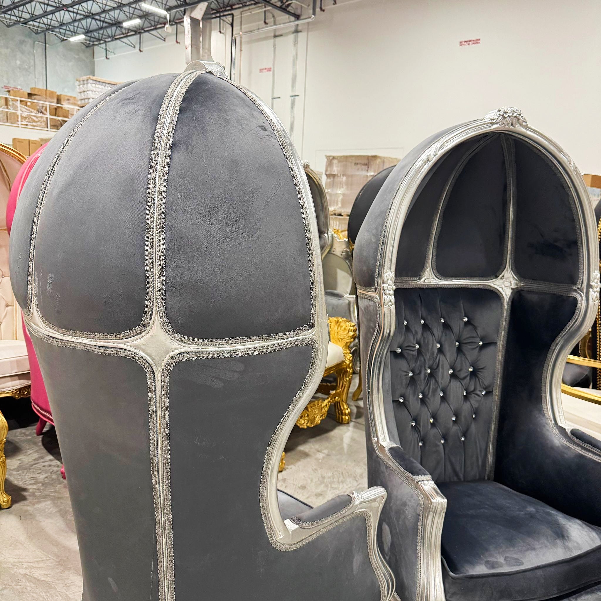 Balloon Chair French Style Dark Gray Velvet High-Back Canopy Lacquer Chair