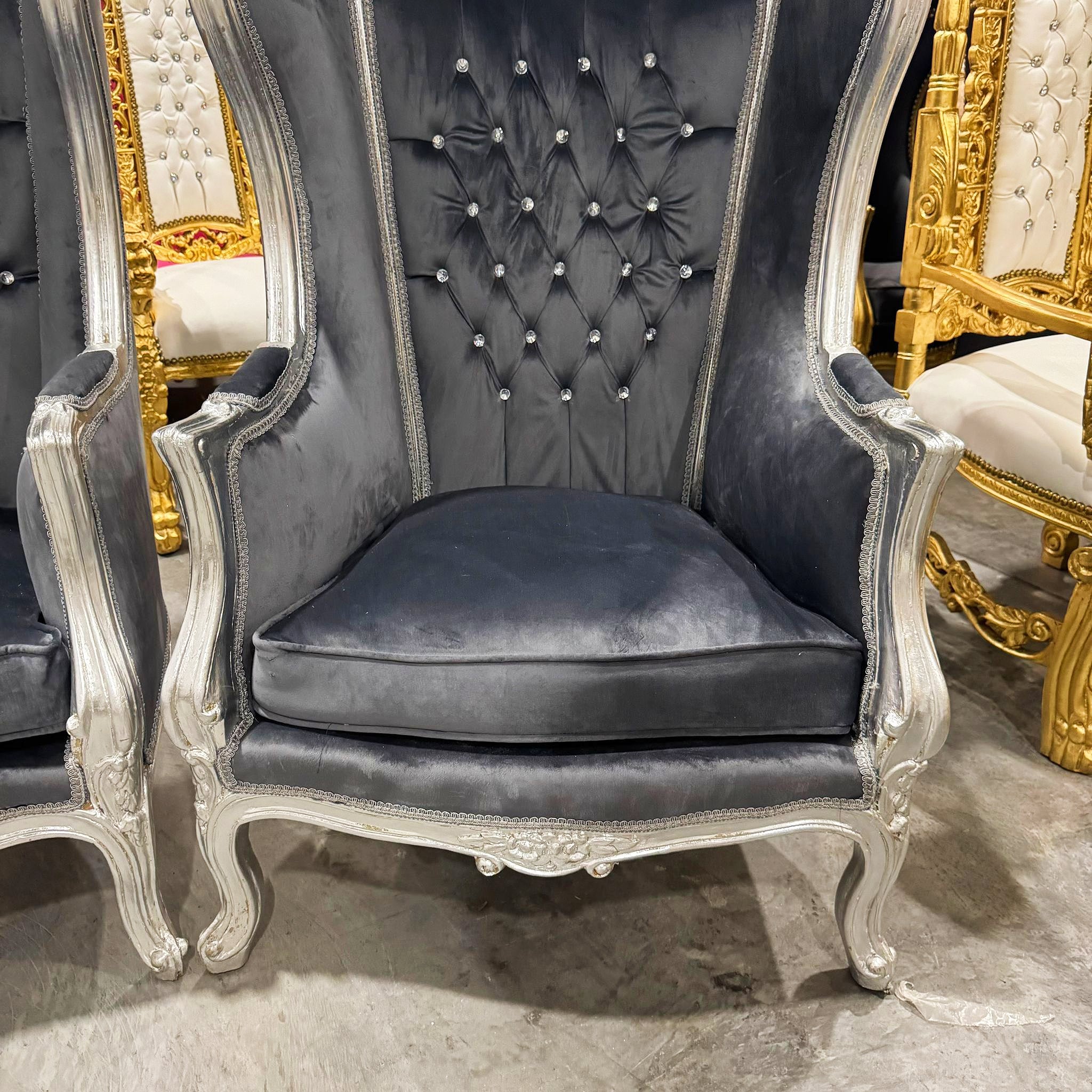 Balloon Chair French Style Dark Gray Velvet High-Back Canopy Lacquer Chair