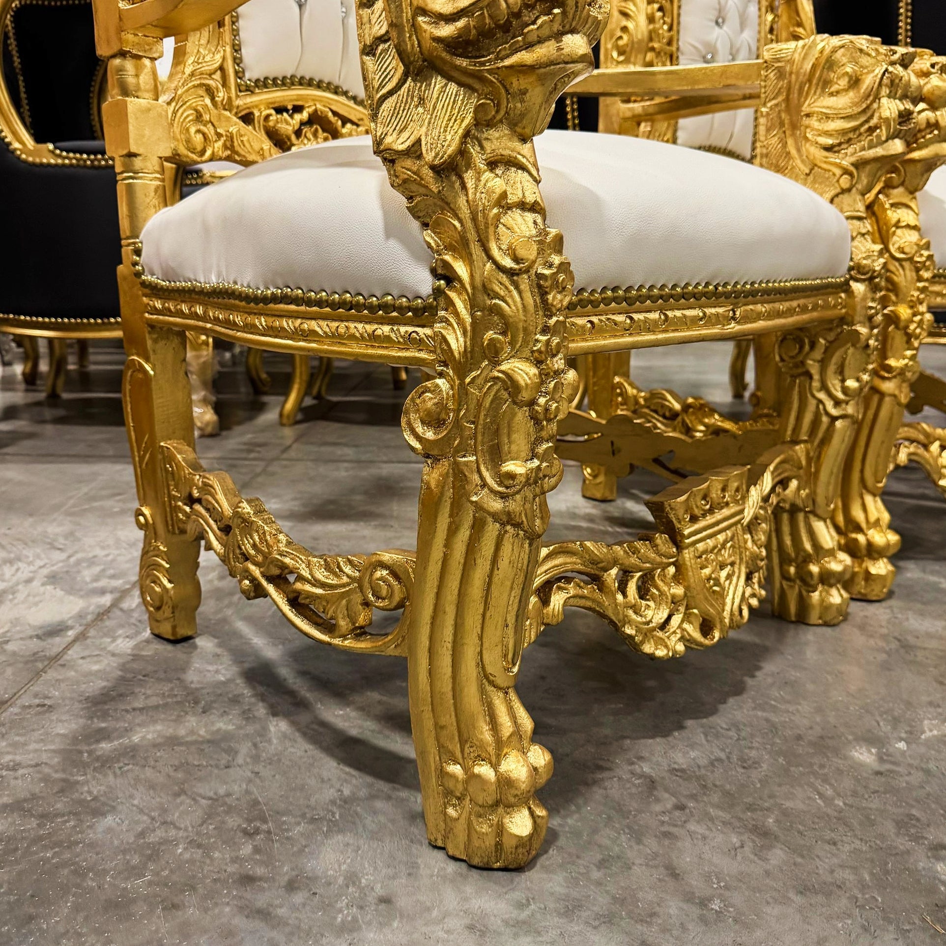 French Medieval Style King Throne Chair with White Leather and Gold Leaf Details