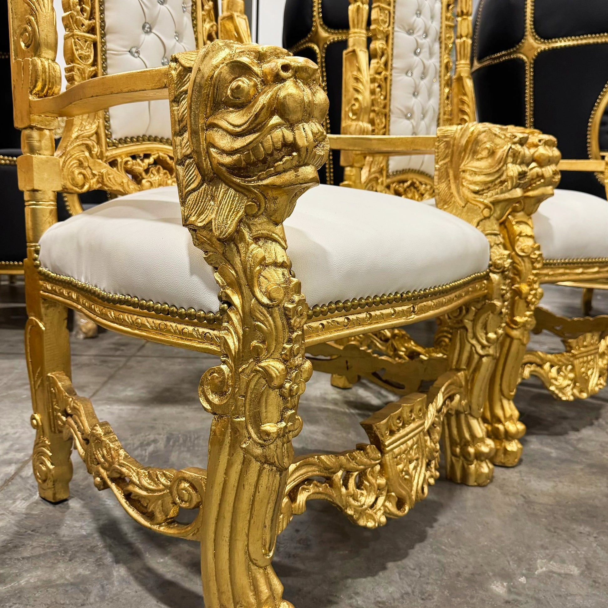 French Medieval Style King Throne Chair with White Leather and Gold Leaf Details