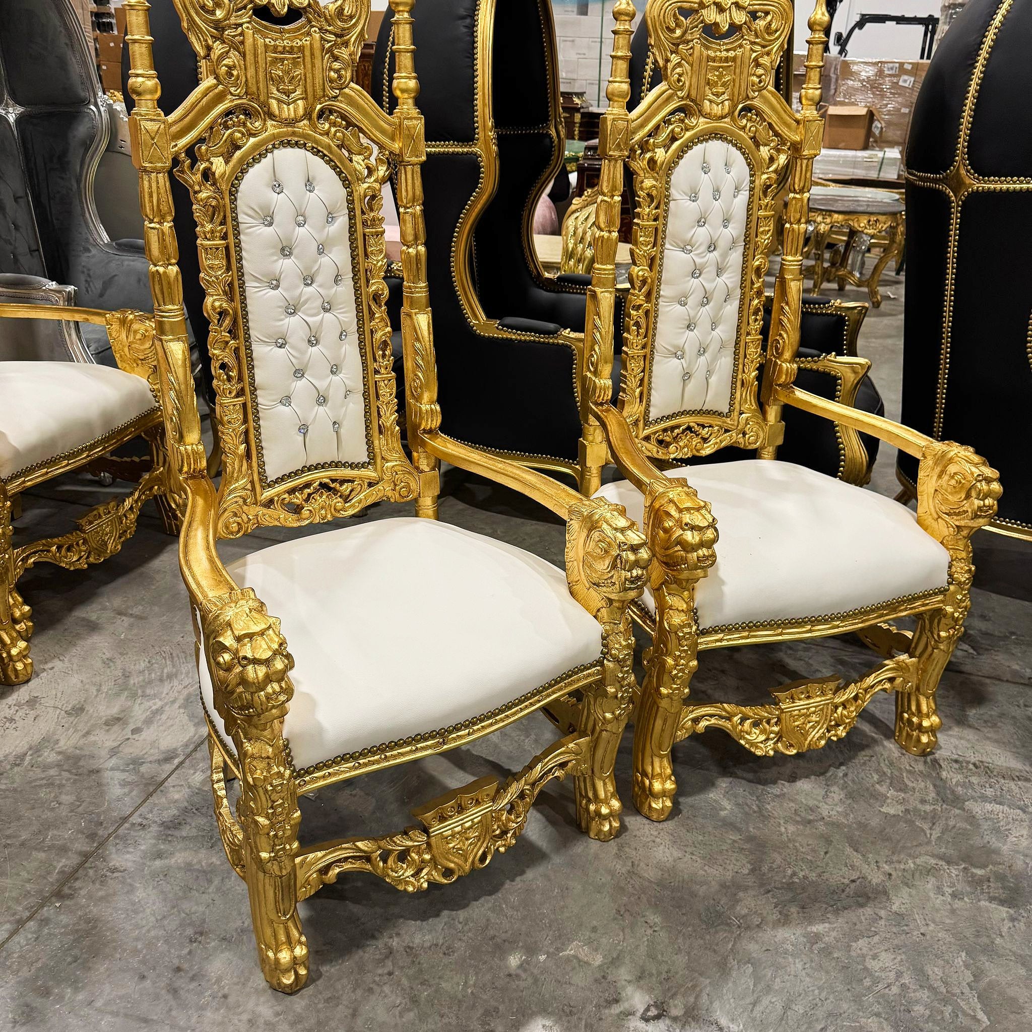 French Medieval Style King Throne Chair with White Leather and Gold Leaf Details
