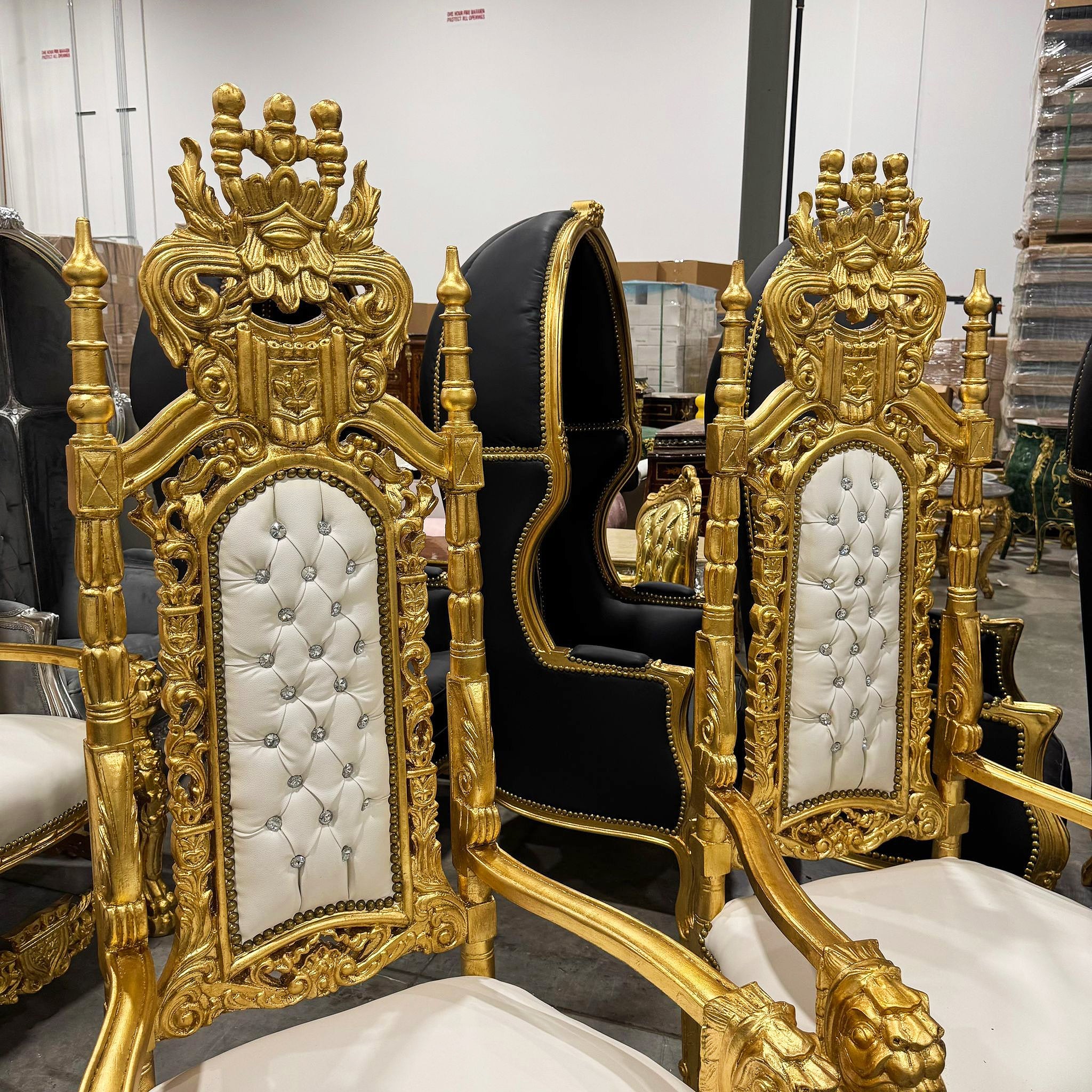 French Medieval Style King Throne Chair with White Leather and Gold Leaf Details