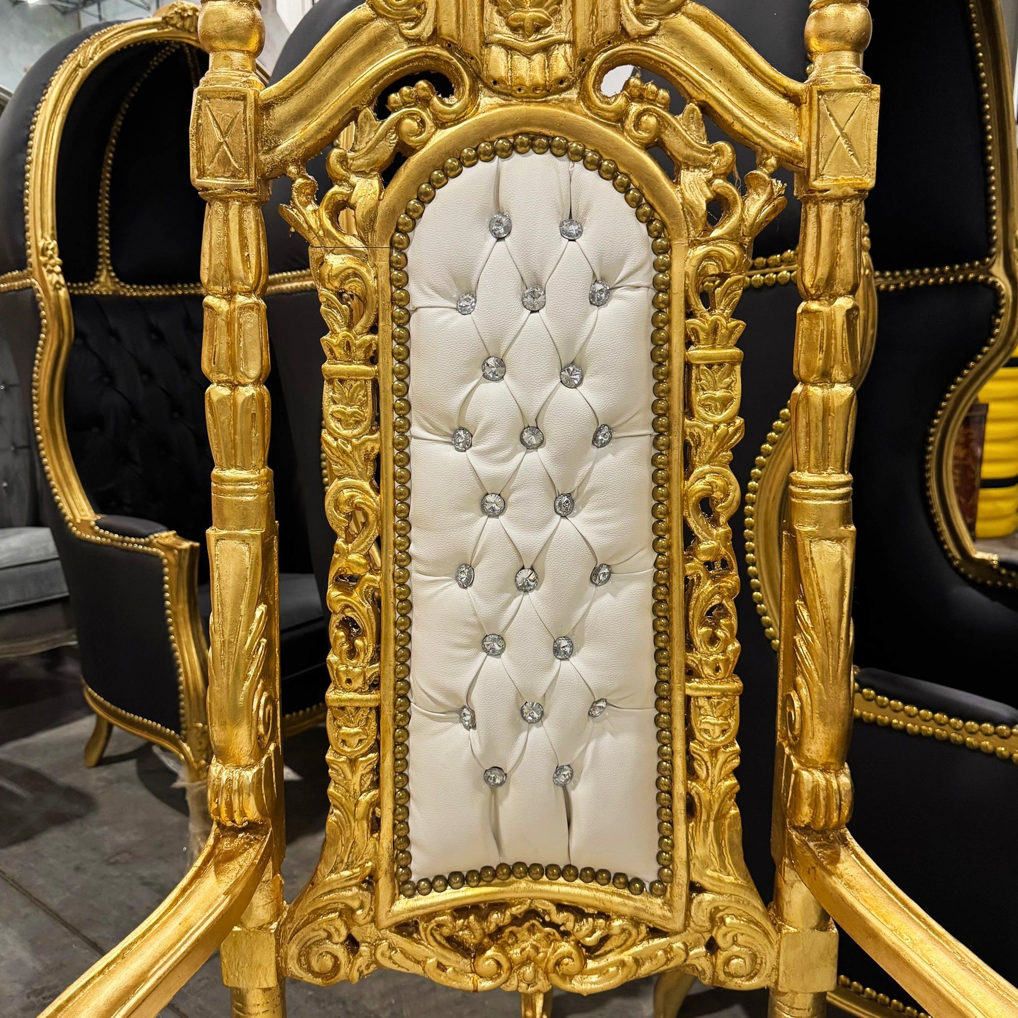French Medieval Style King Throne Chair with White Leather and Gold Leaf Details