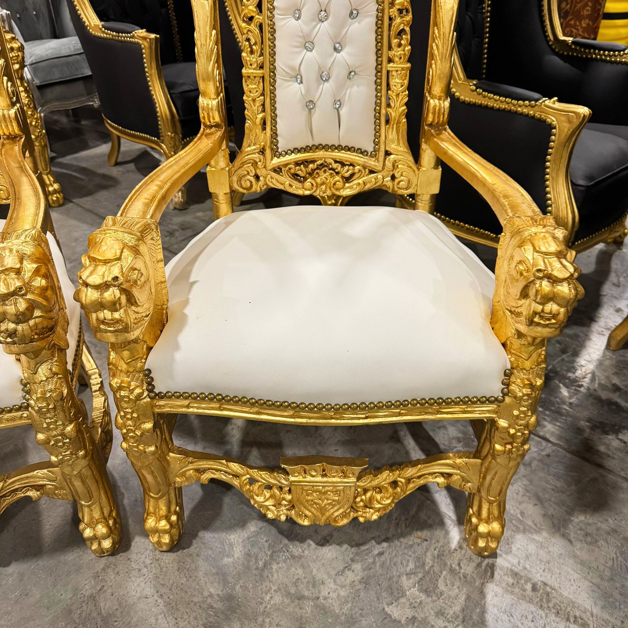 French Medieval Style King Throne Chair with White Leather and Gold Leaf Details