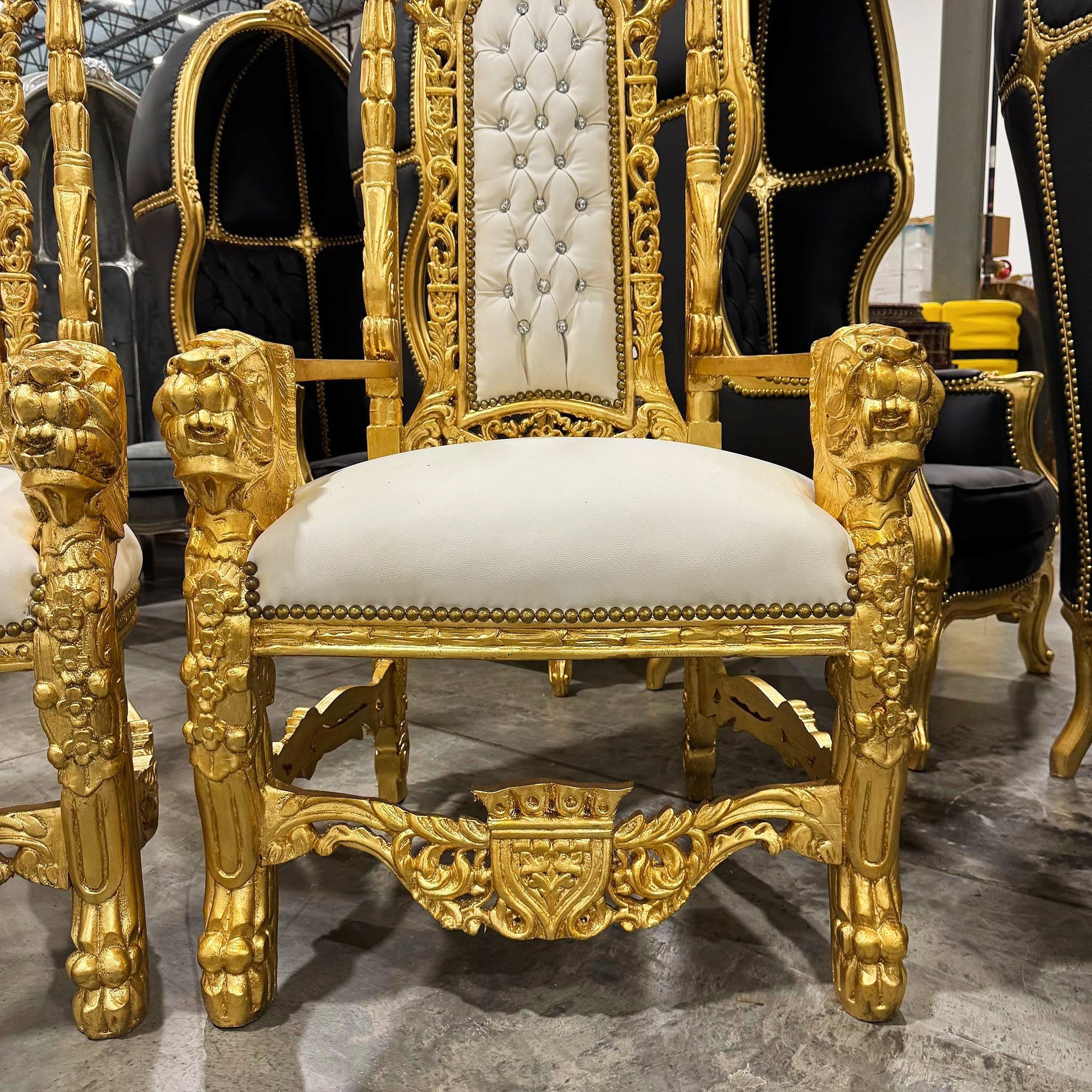 French Medieval Style King Throne Chair with White Leather and Gold Leaf Details