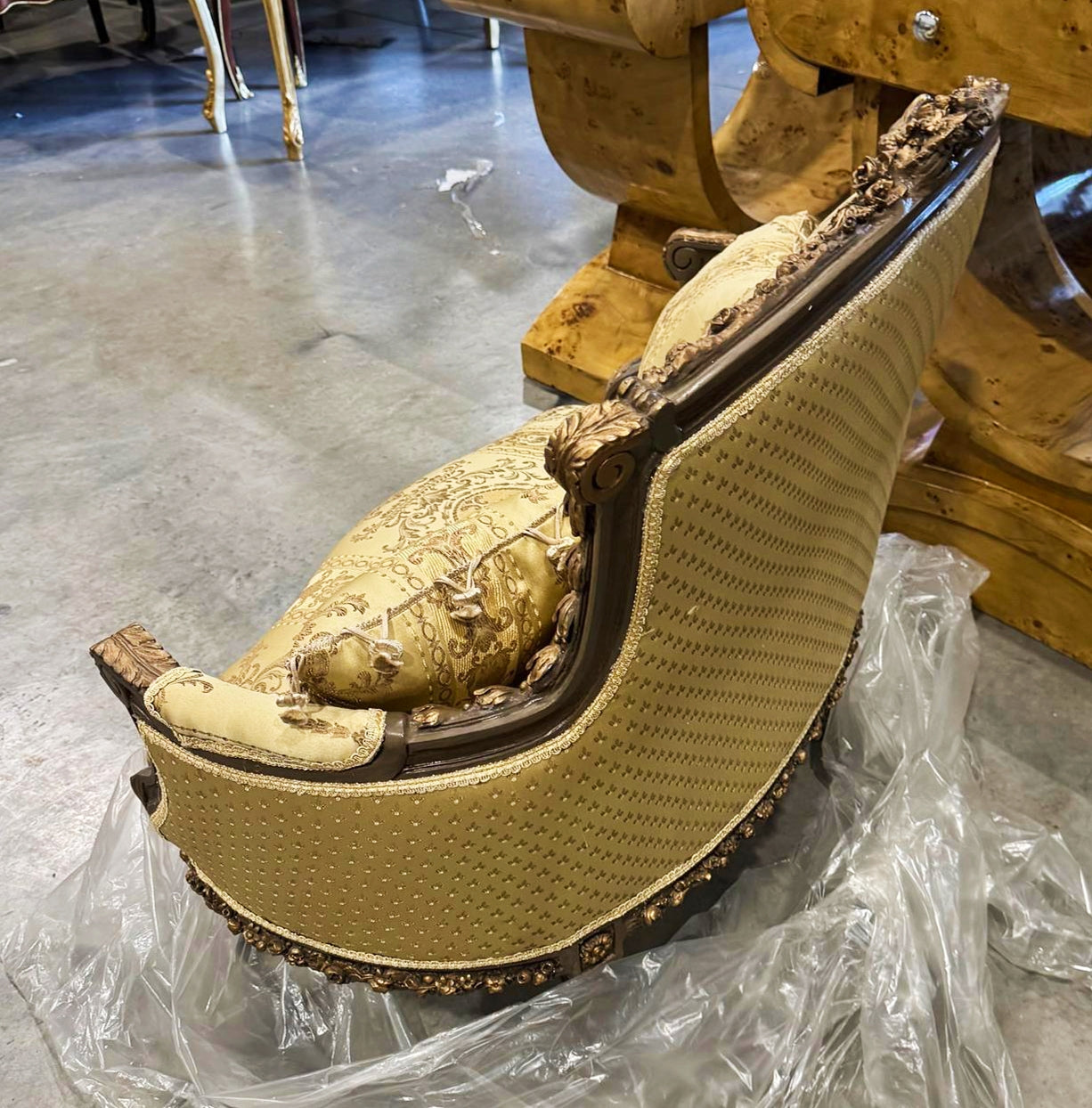 Golden Bergere Chair Rococo Style with Gold Details Damask Fabric