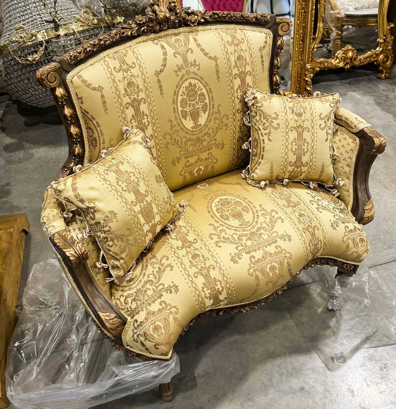 Golden Bergere Chair Rococo Style with Gold Details Damask Fabric
