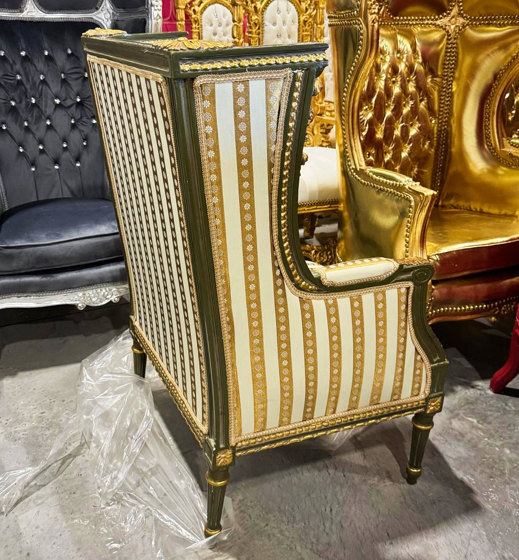 French Louis XV Style Gold Bergere Wing Chair with Gold Details