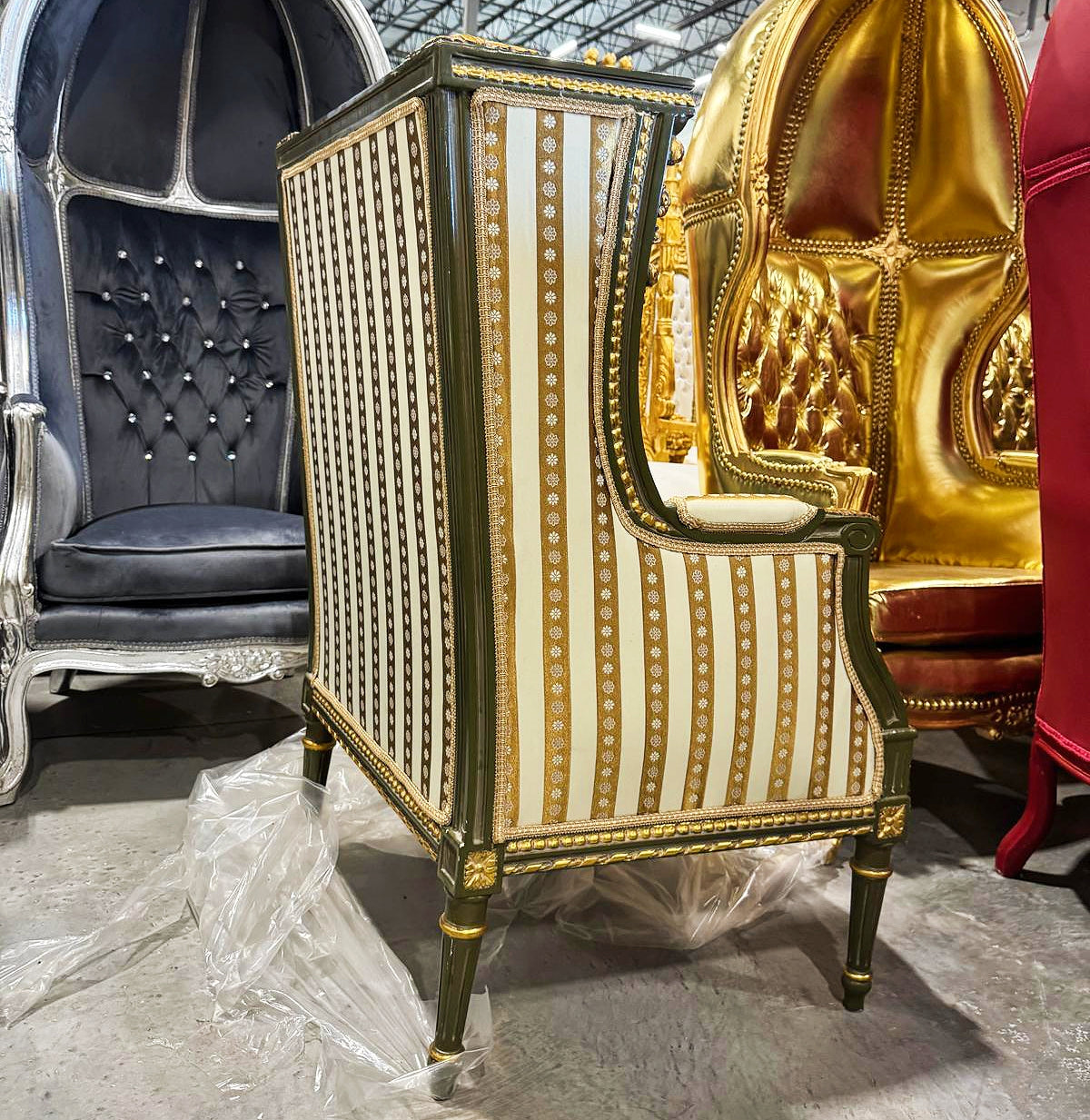French Louis XV Style Gold Bergere Wing Chair with Gold Details