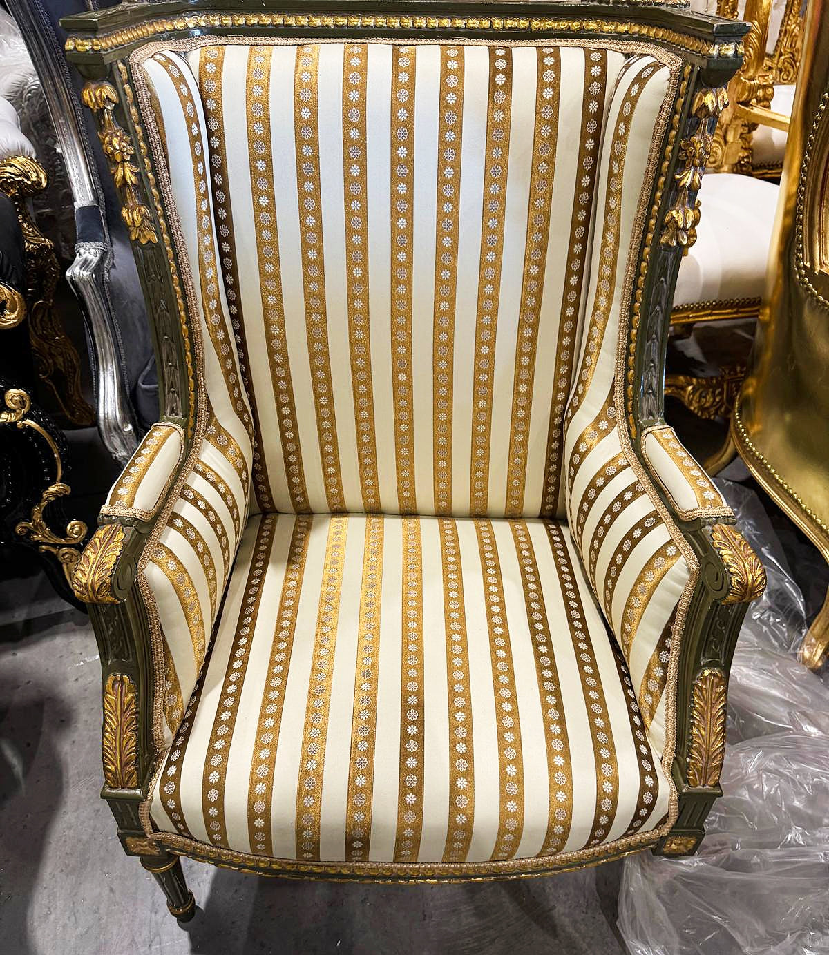 French Louis XV Style Gold Bergere Wing Chair with Gold Details