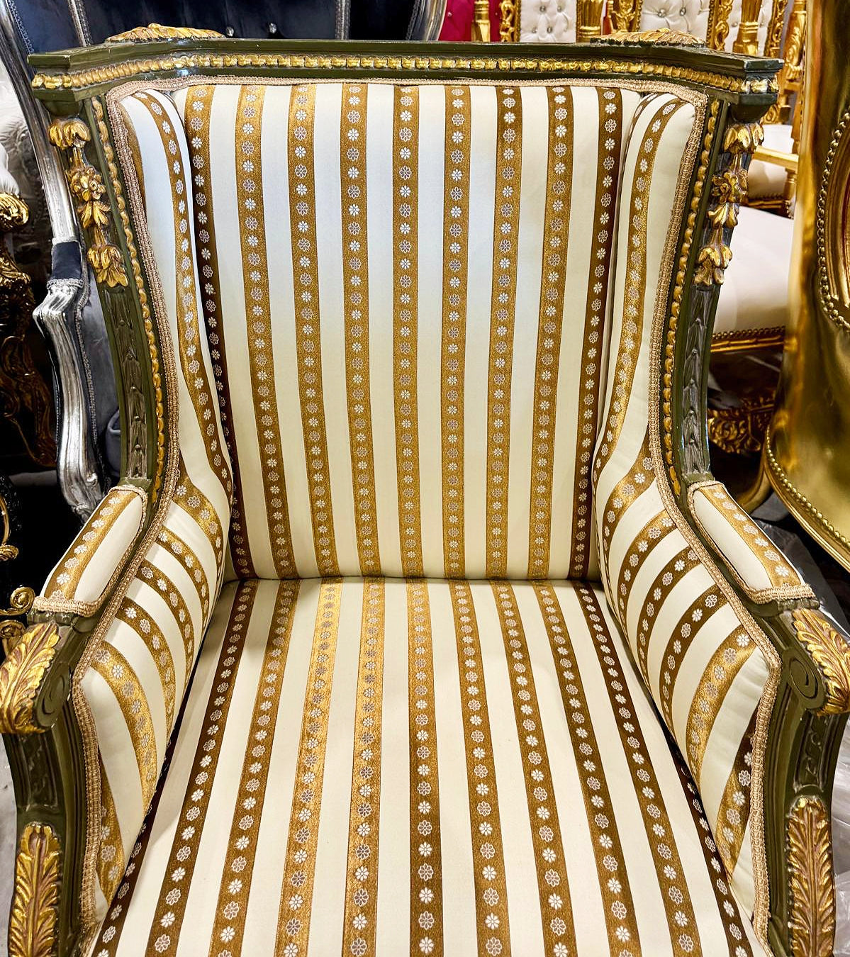 French Louis XV Style Gold Bergere Wing Chair with Gold Details