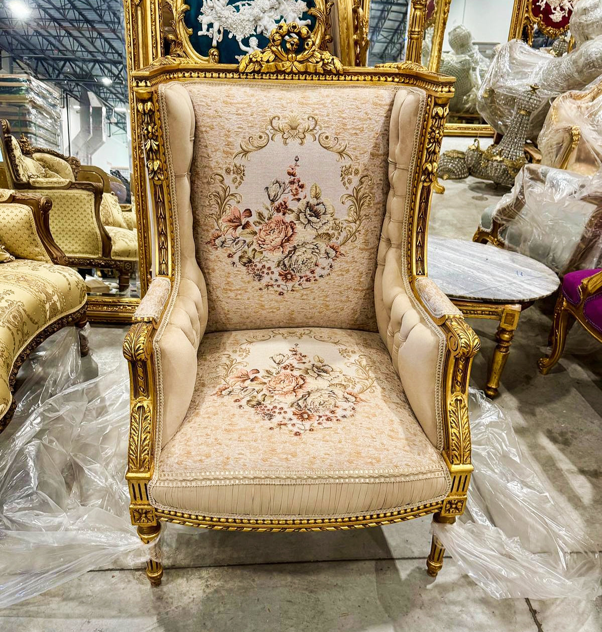 French Rococo Style Gold Beige Bergere Wing Chair with Gold Details
