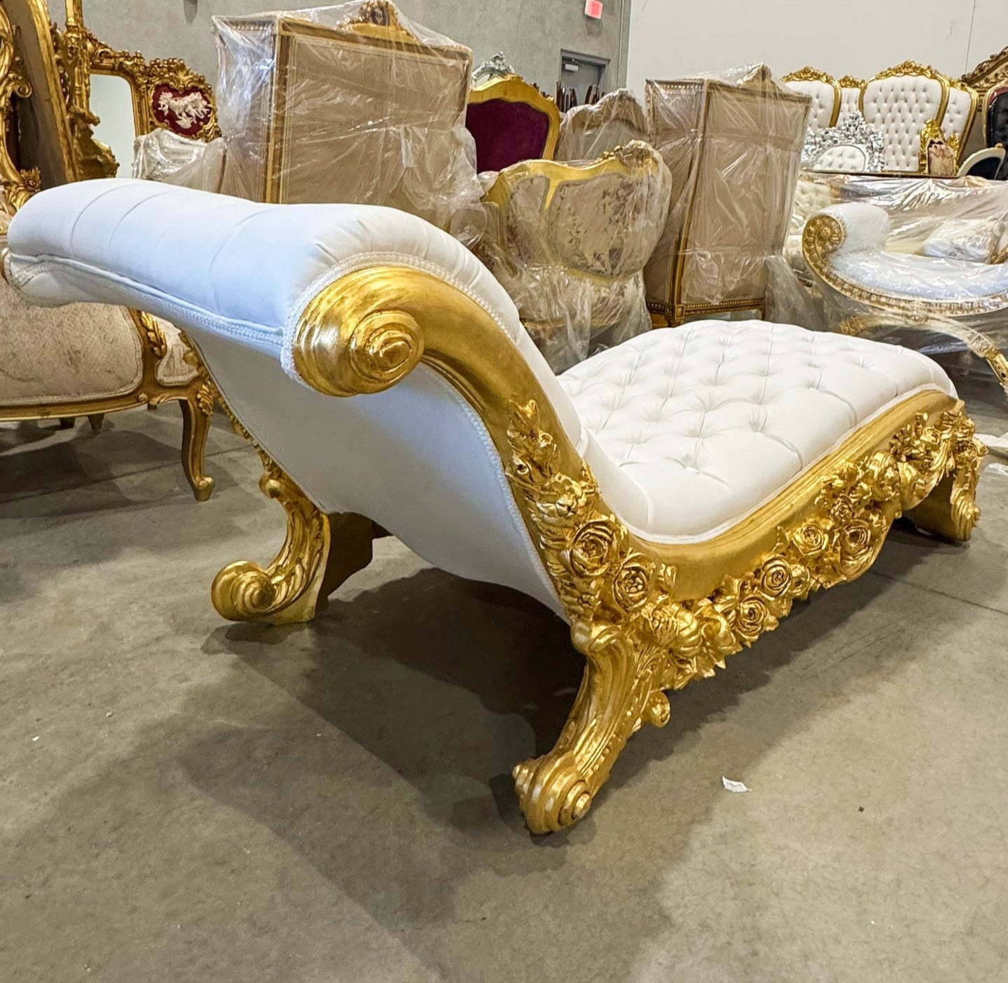 Chaise Lounge Leather White Furniture Rococo Style Gold Details