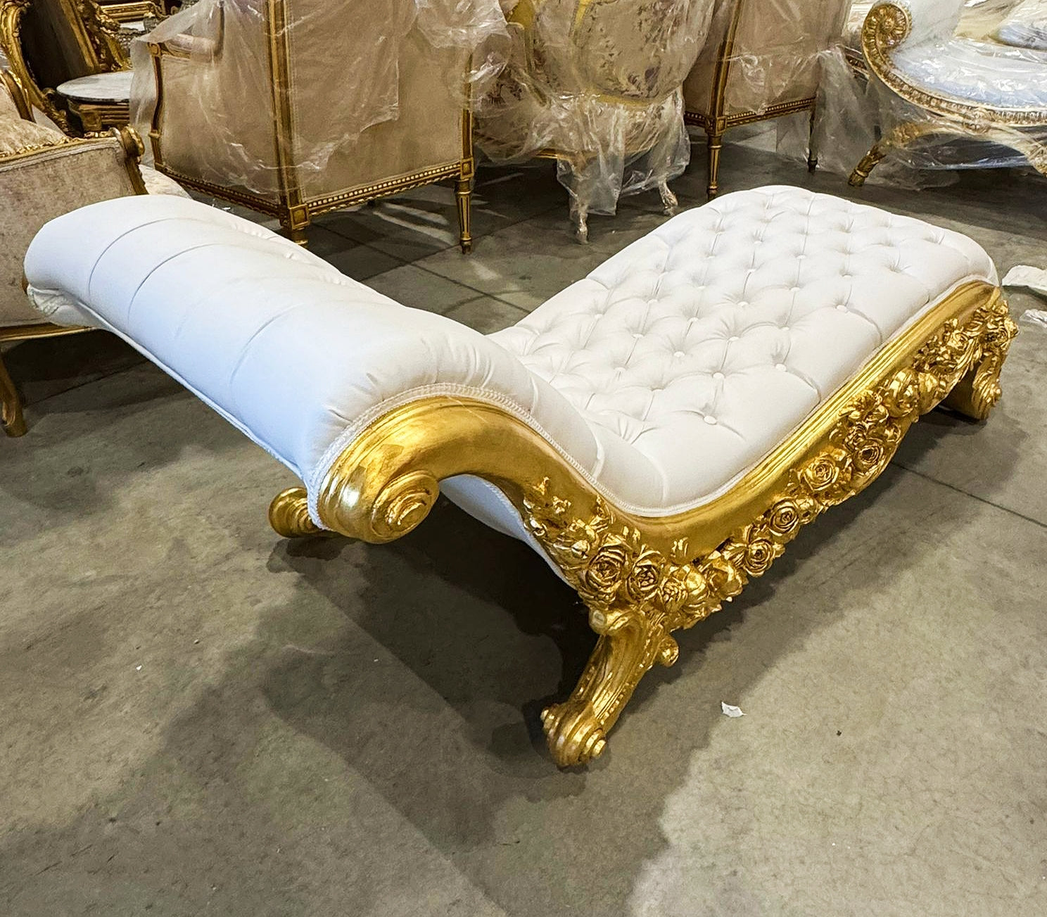 Chaise Lounge Leather White Furniture Rococo Style Gold Details