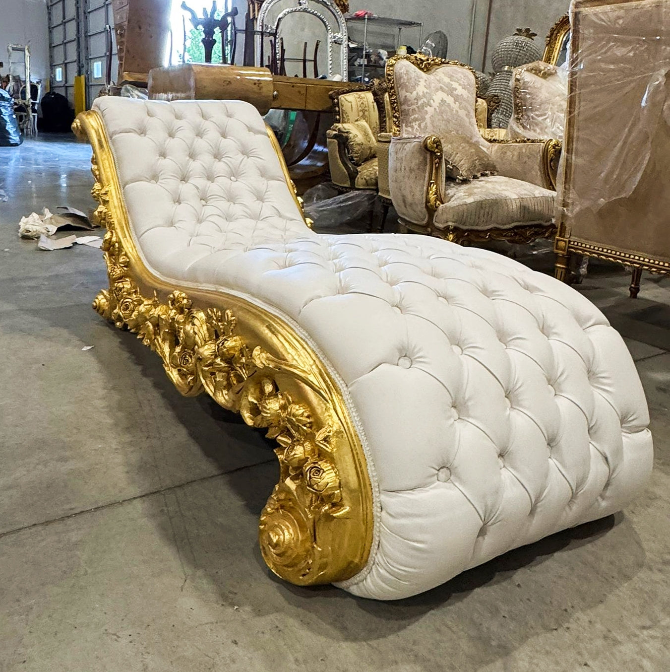 Chaise Lounge Leather White Furniture Rococo Style Gold Details