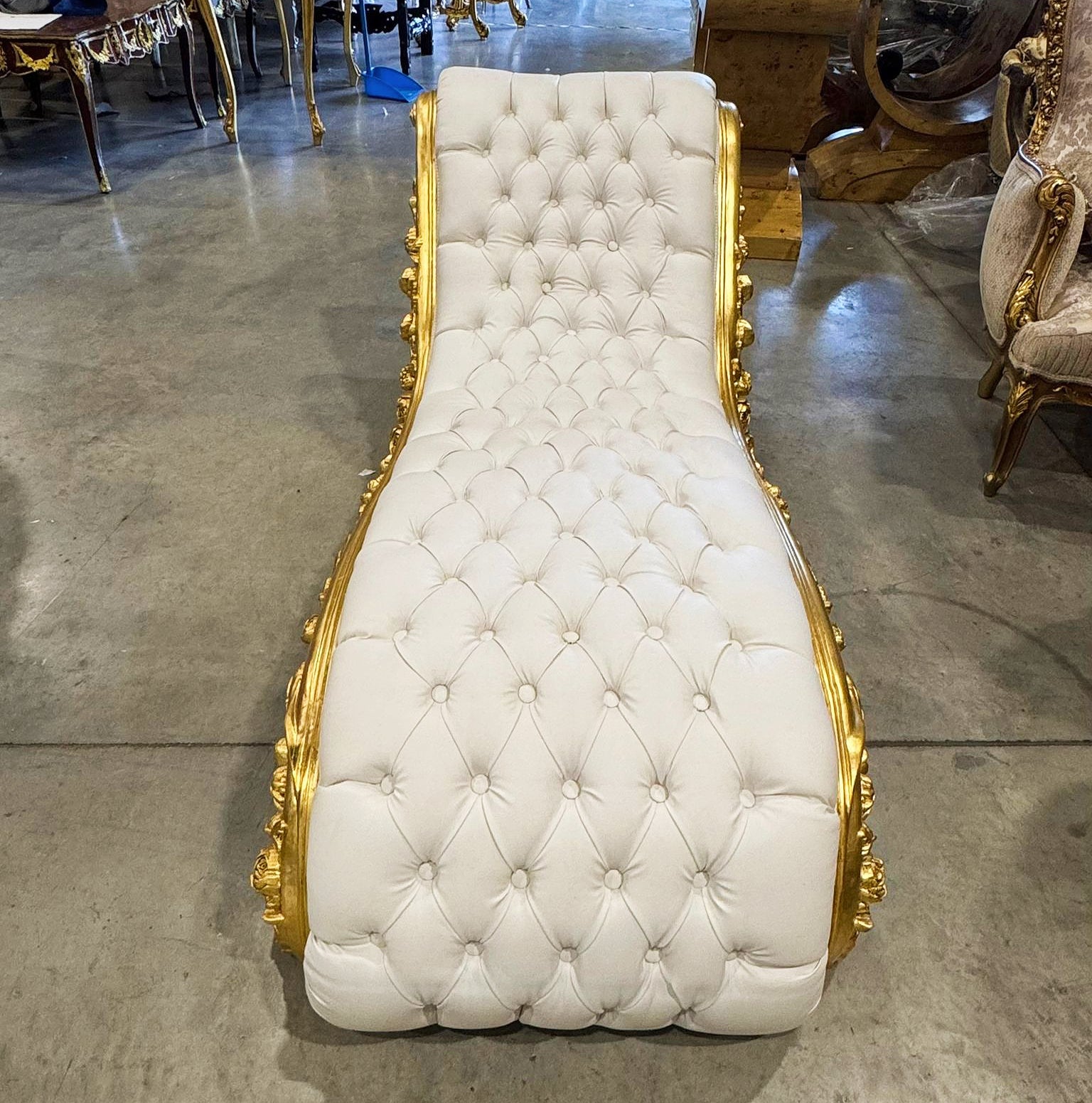 Chaise Lounge Leather White Furniture Rococo Style Gold Details
