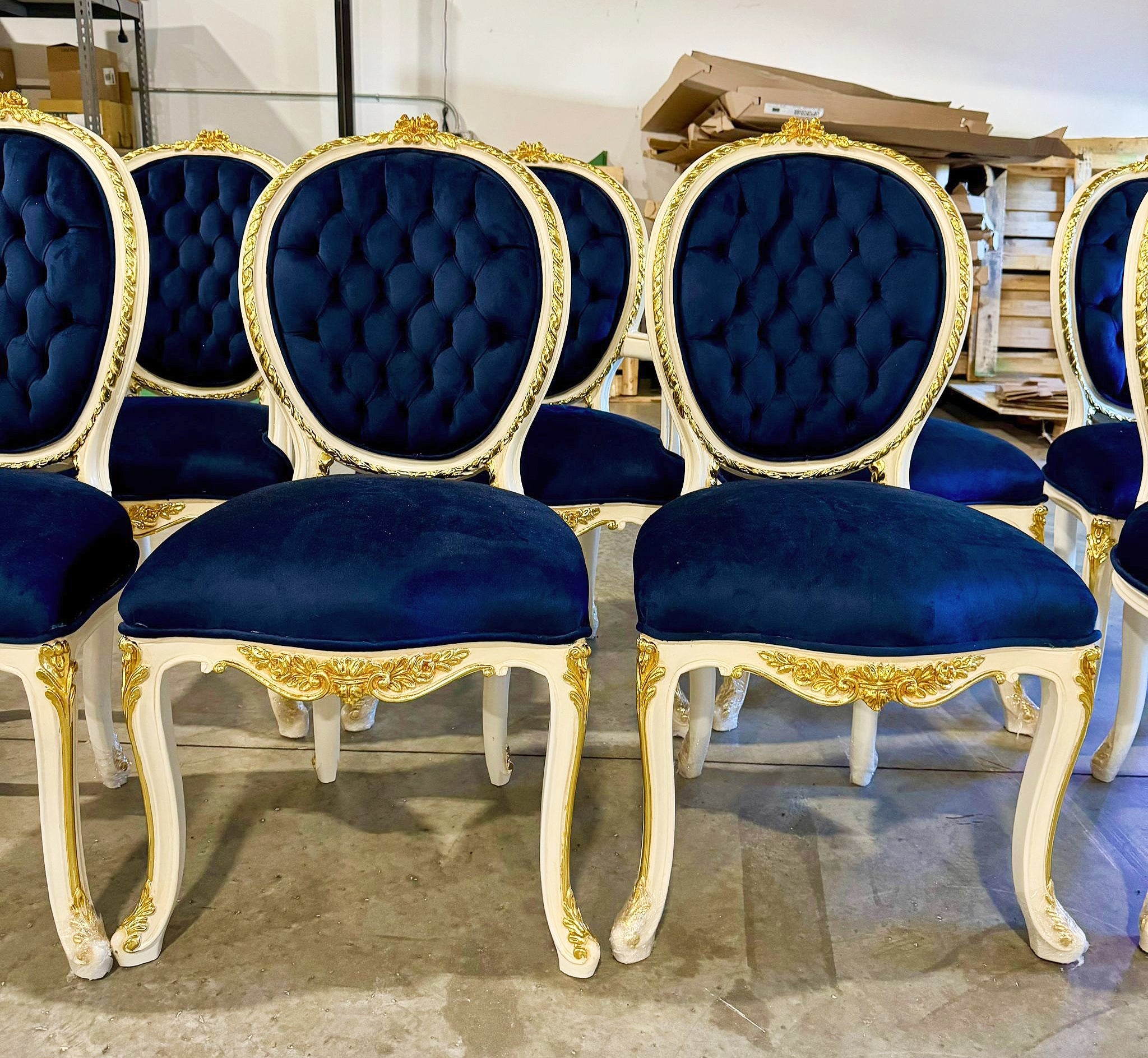 French Rococo Style Tufted Blue Velvet Chair – Gold Baroque Details