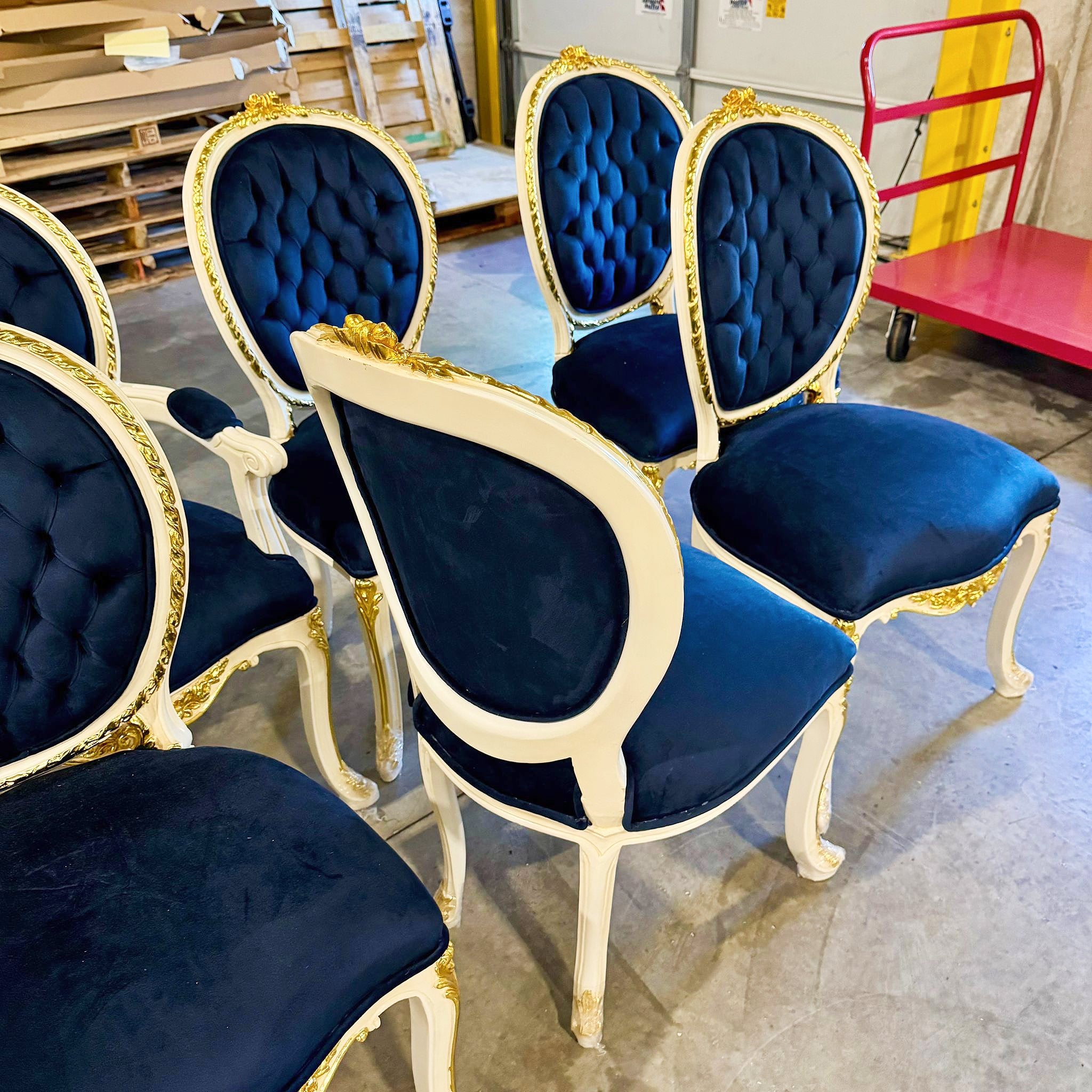 French Rococo Style Tufted Blue Velvet Chair – Gold Baroque Details