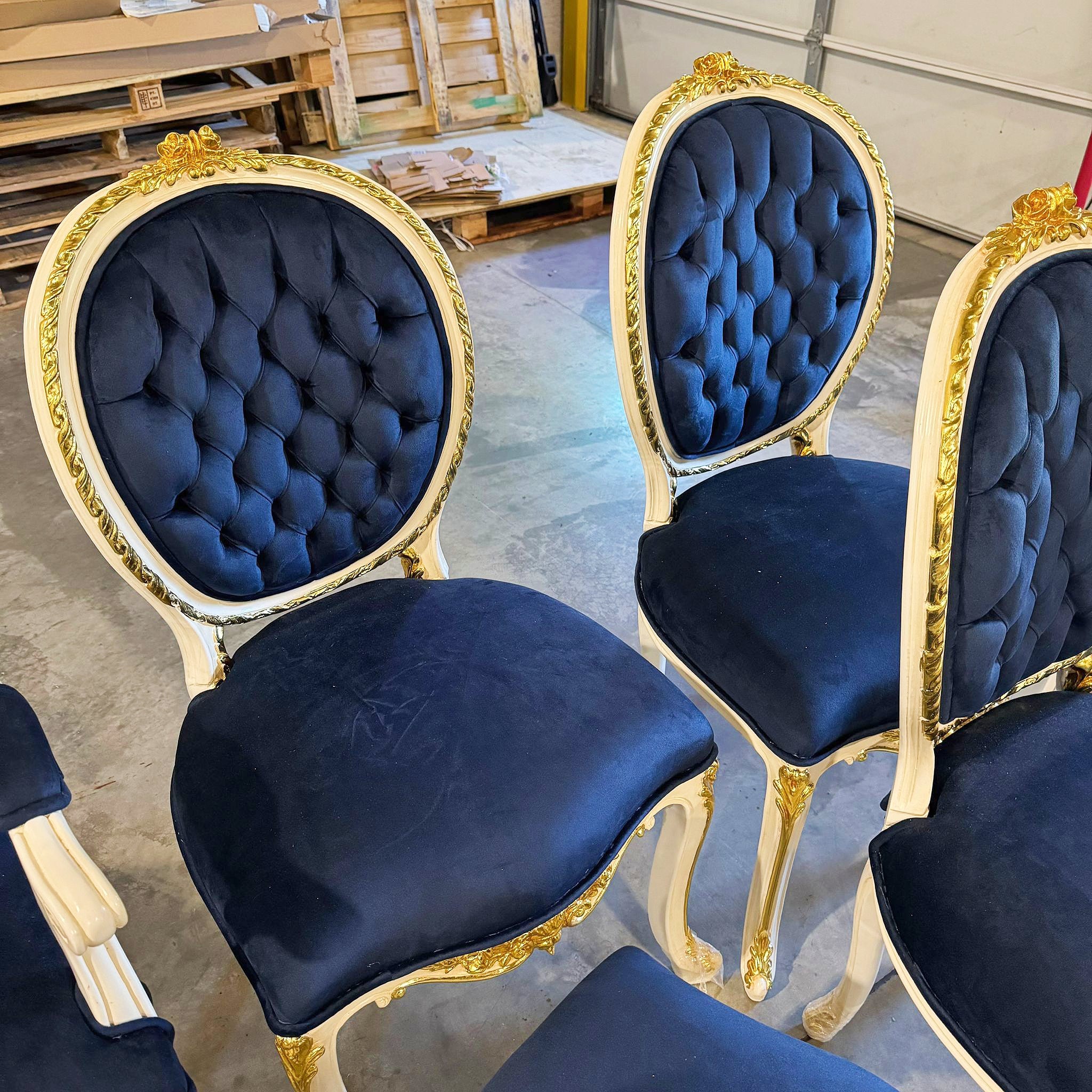 French Rococo Style Tufted Blue Velvet Chair – Gold Baroque Details