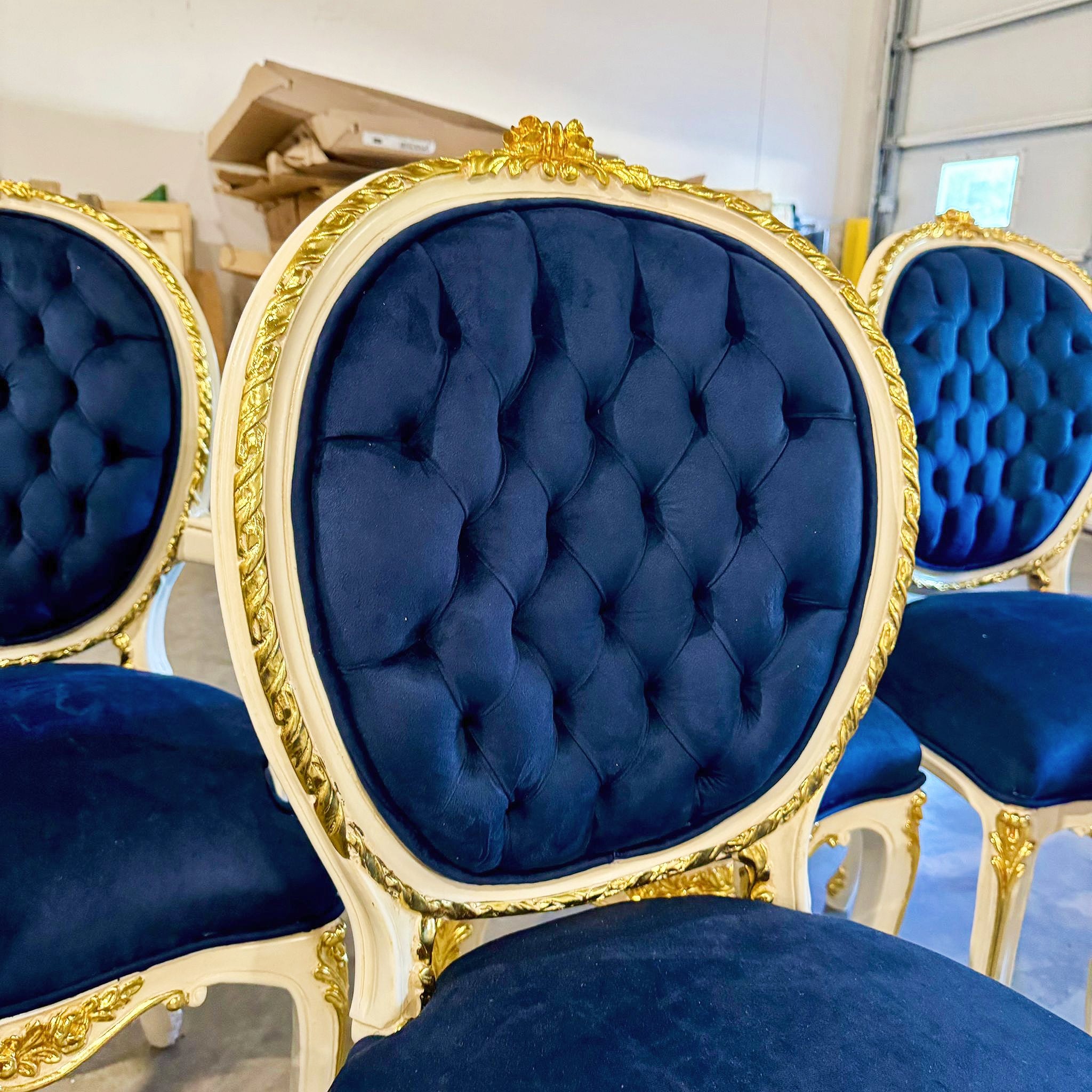 French Rococo Style Tufted Blue Velvet Chair – Gold Baroque Details