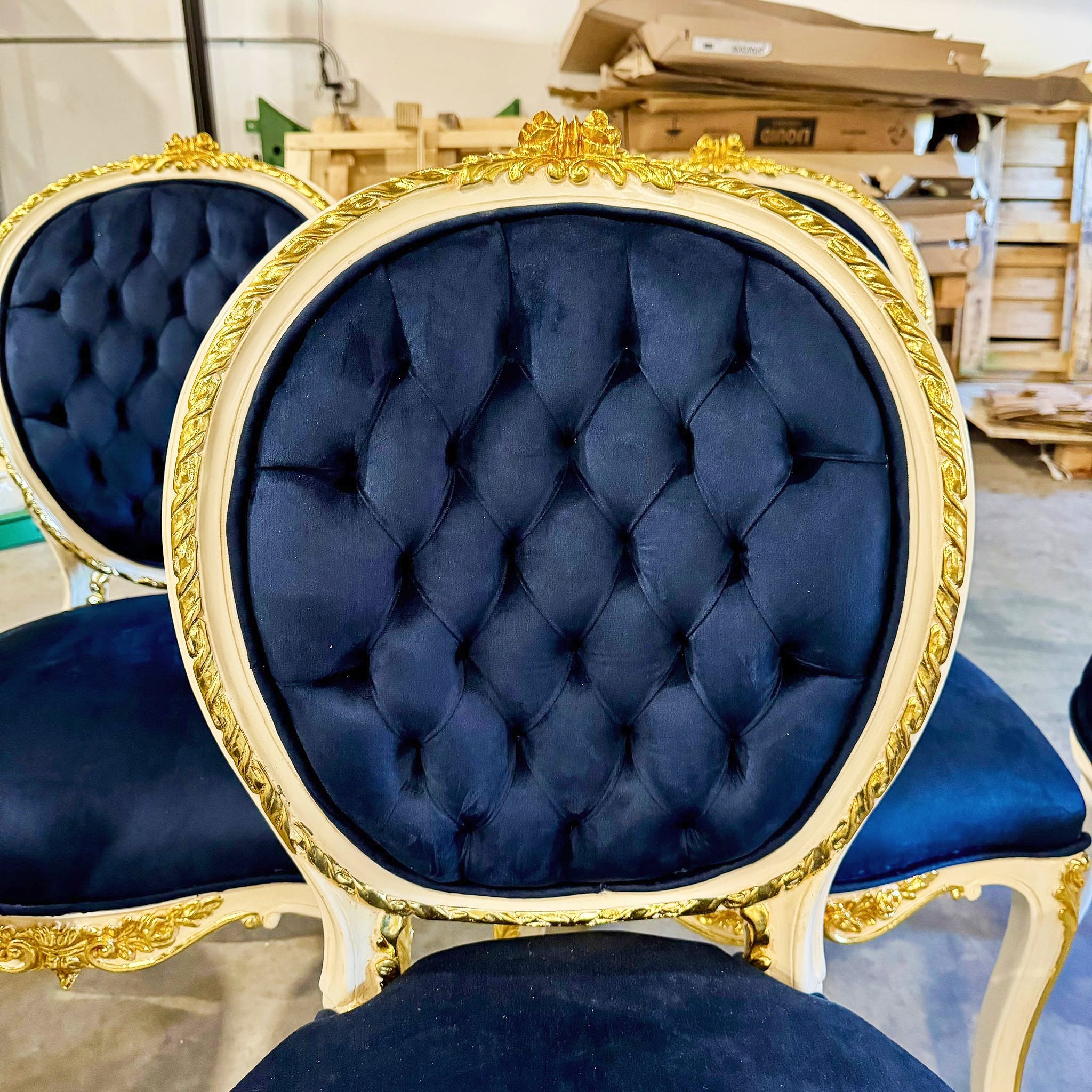 French Rococo Style Tufted Blue Velvet Chair – Gold Baroque Details