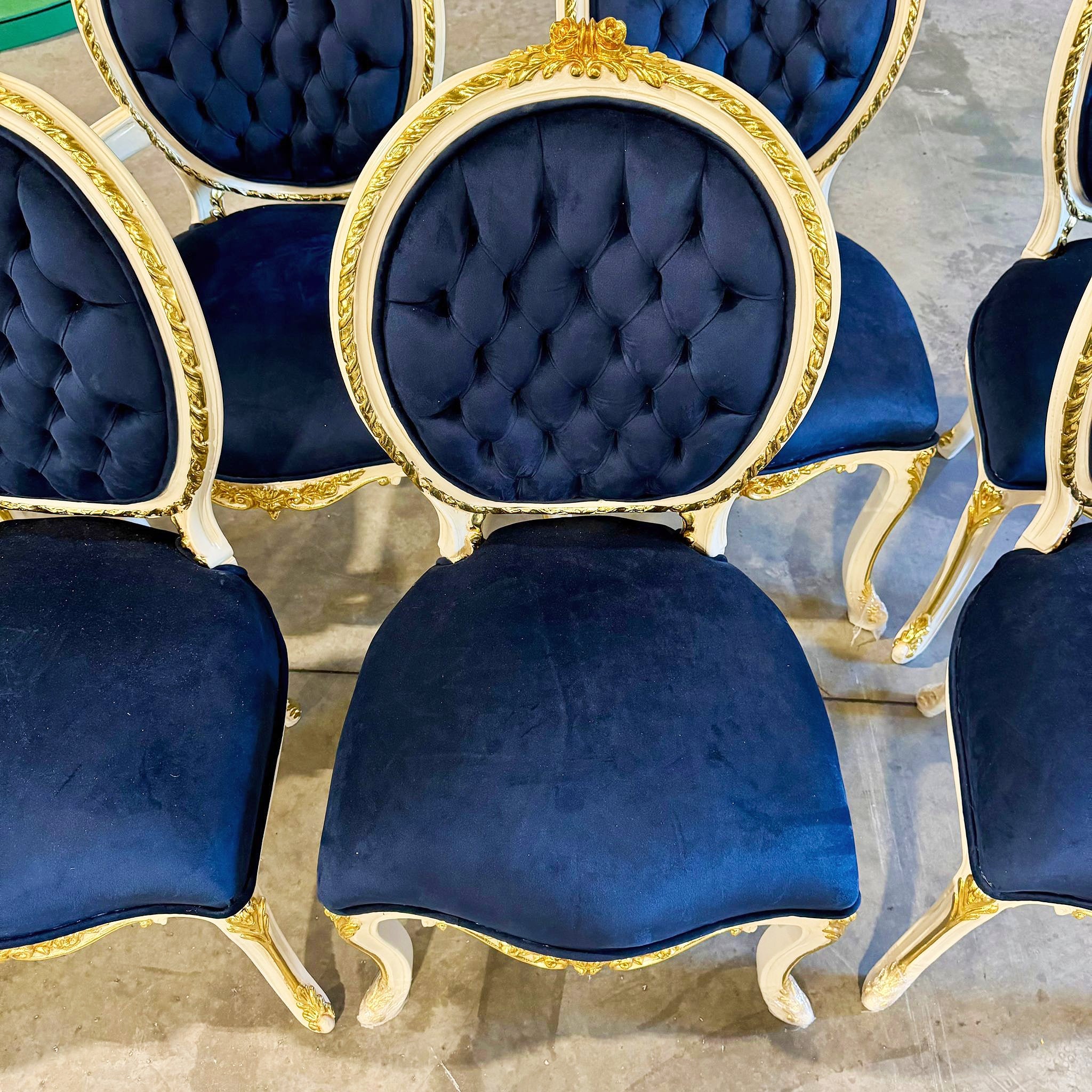 French Rococo Style Tufted Blue Velvet Chair – Gold Baroque Details