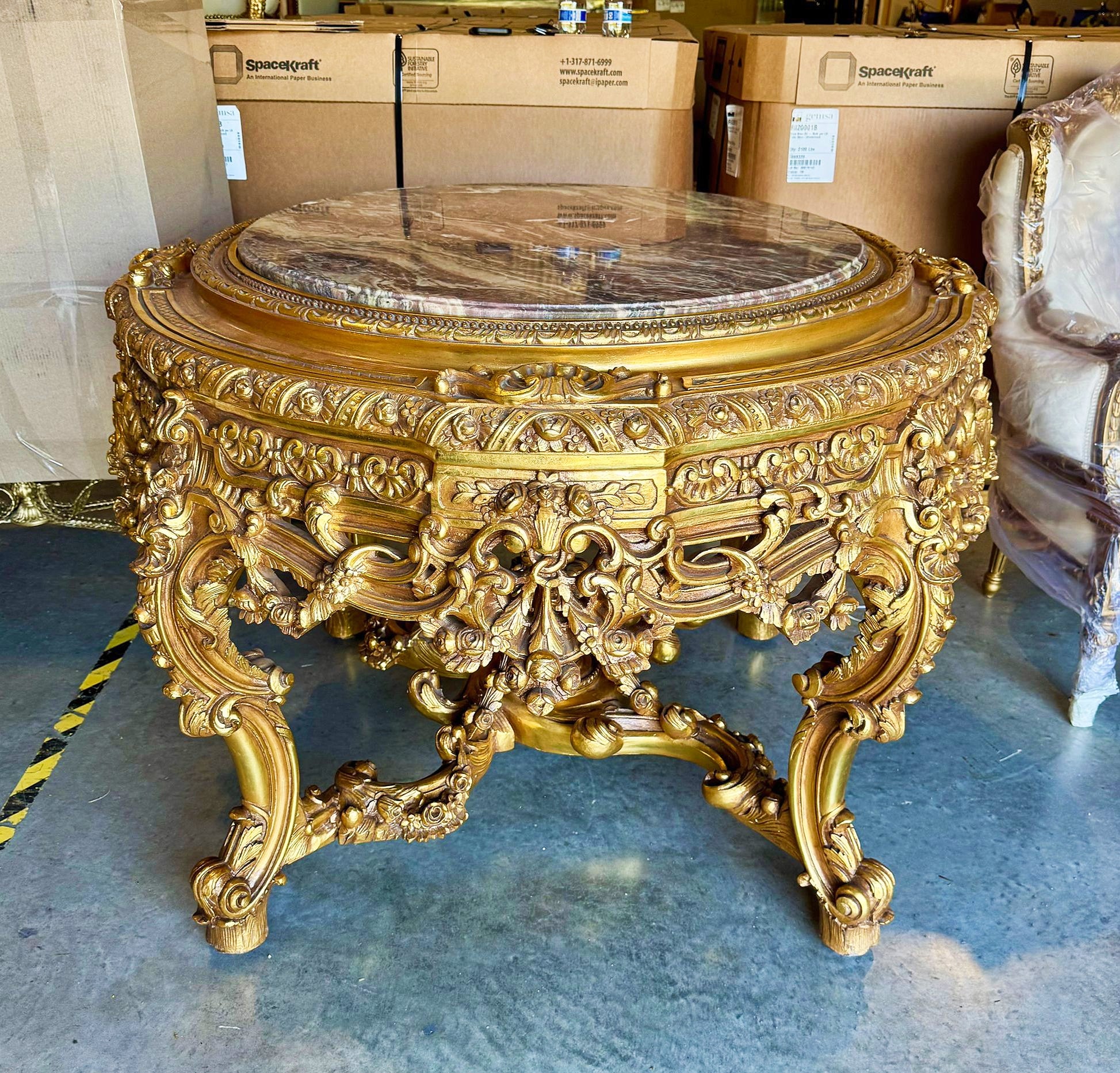Victorian Style French Marble Center Table with Gold Leaf Details