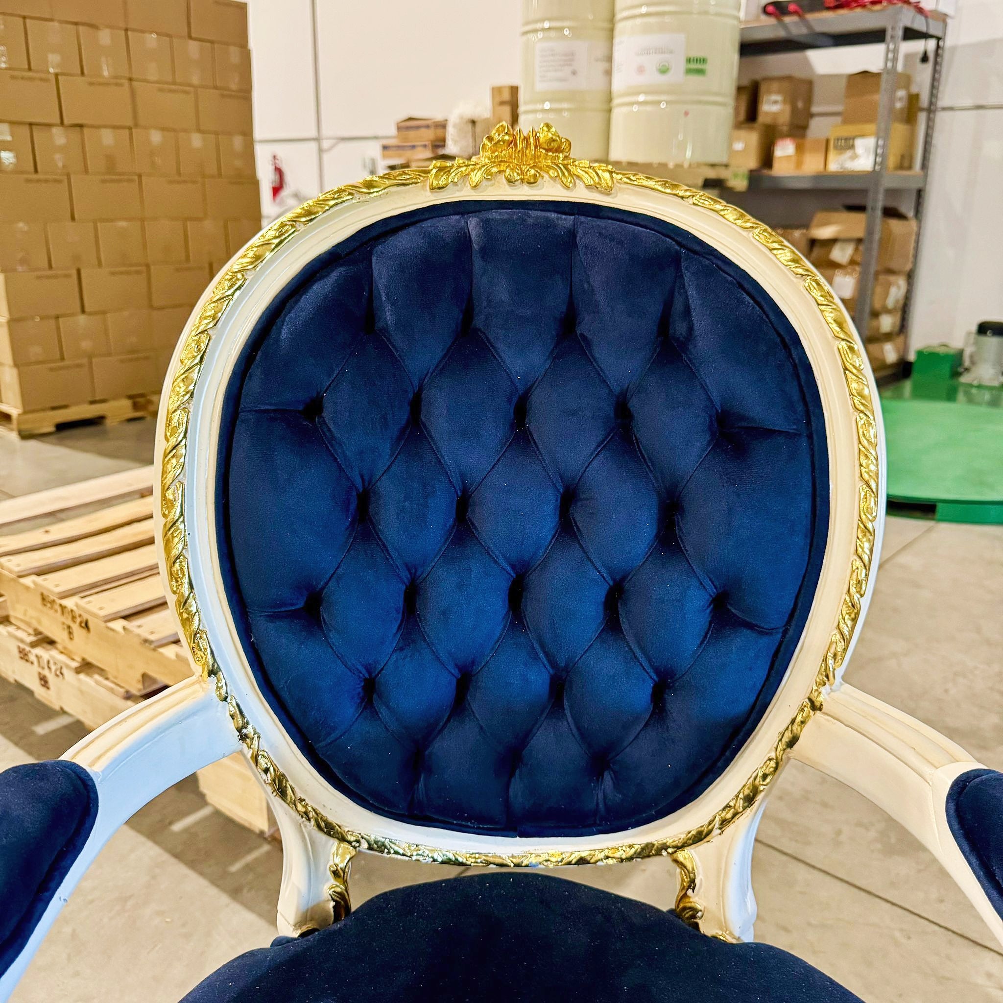 French Rococo Style Tufted Blue Velvet Chair – Gold Baroque Details