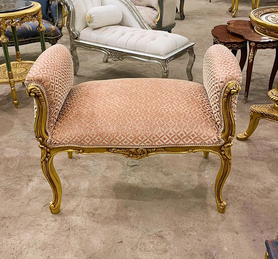 Bench Furniture French Style With Gold Details Home Decor Damask Fabric