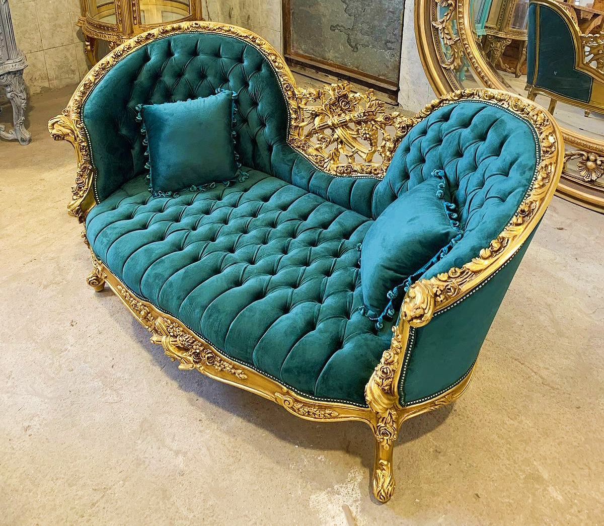 Green Velvet French Settee – Gold Trim Bench, Glam Home Furniture