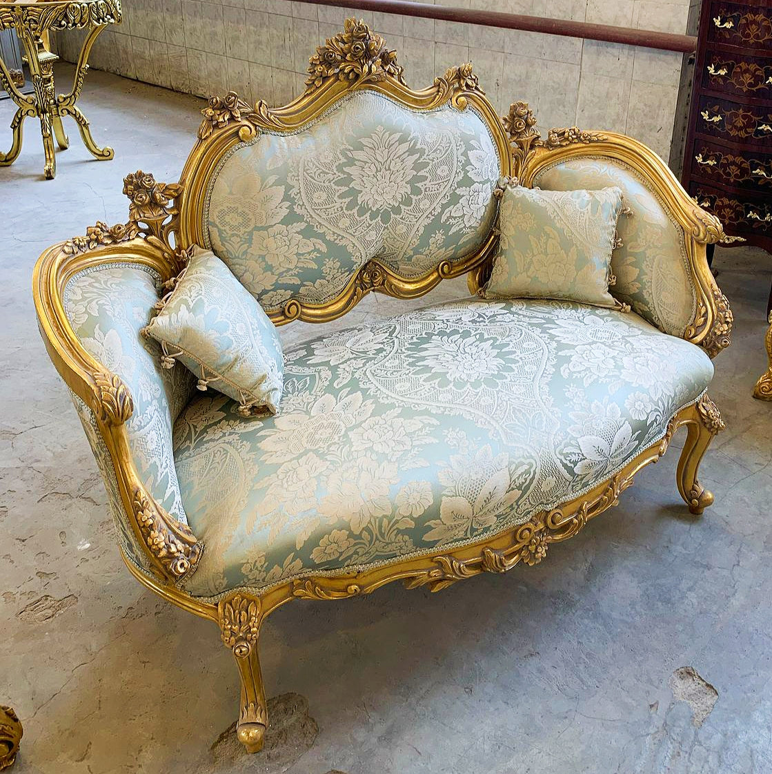 French Style Sky Blue Damask Sofa Wedding Sofa Gold Leaf Details