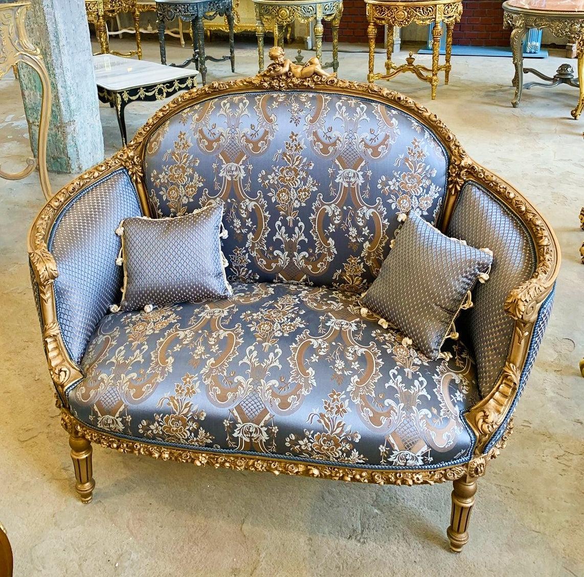 Baroque Style Light Blue Sofa Vintage Interior Design Gold Leaf Details French
