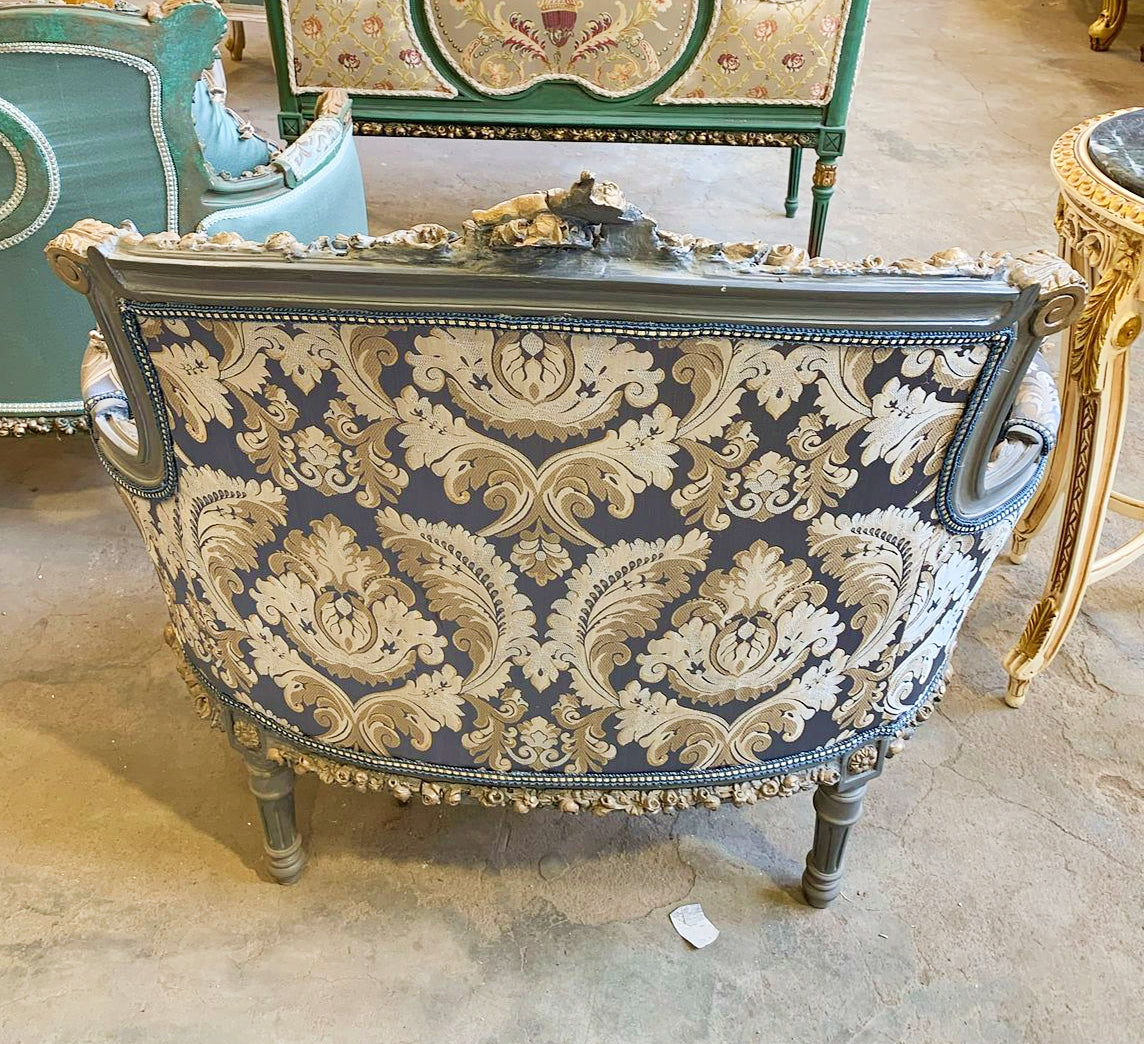 Italian Inspired Blue Wing Chair – Gold Leaf Detailing & Damask Fabric