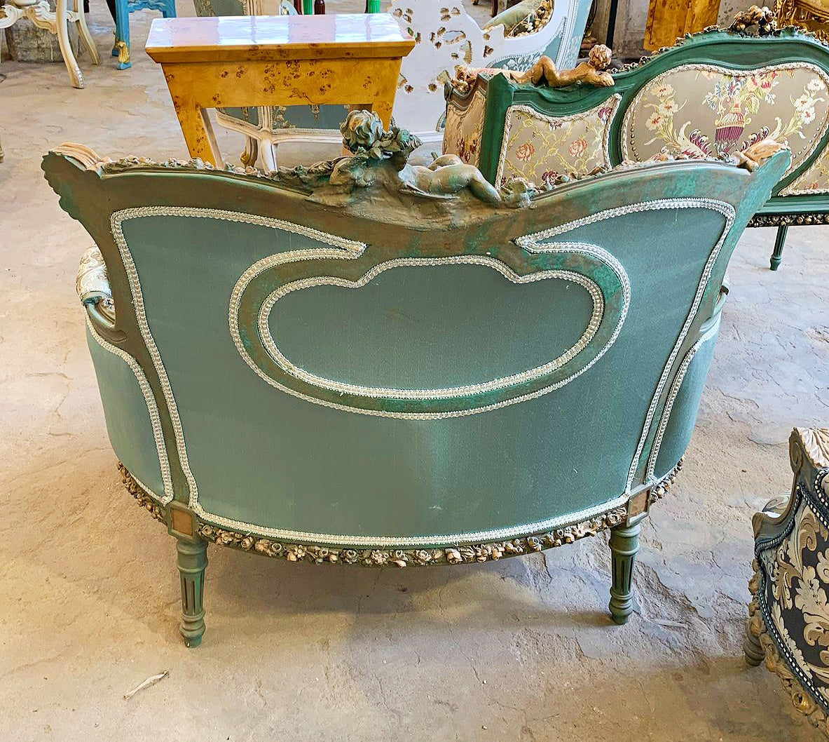 Baroque Style Vintage Sky Blue Damask Chair with Gold Details Armchair