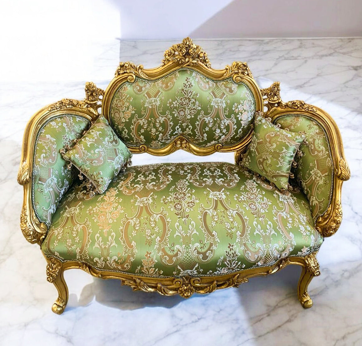 French Style Green Damask Sofa Wedding Sofa Gold Leaf Details