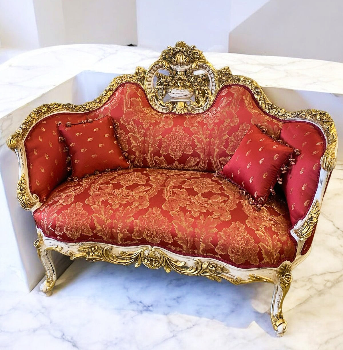 Baroque Rococo Style Red Wine Velvet Settee/Sofa Gold Leaf Details