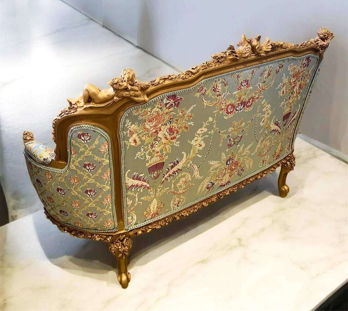 Luxury Italian Sky Blue Sofa – Gold Leaf Accents, French Inspired
