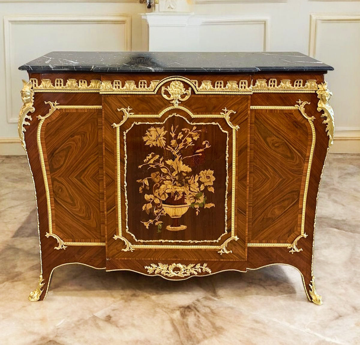 French Louis XVI Style Brown Commode Cabinet Gold Details Marble Topped