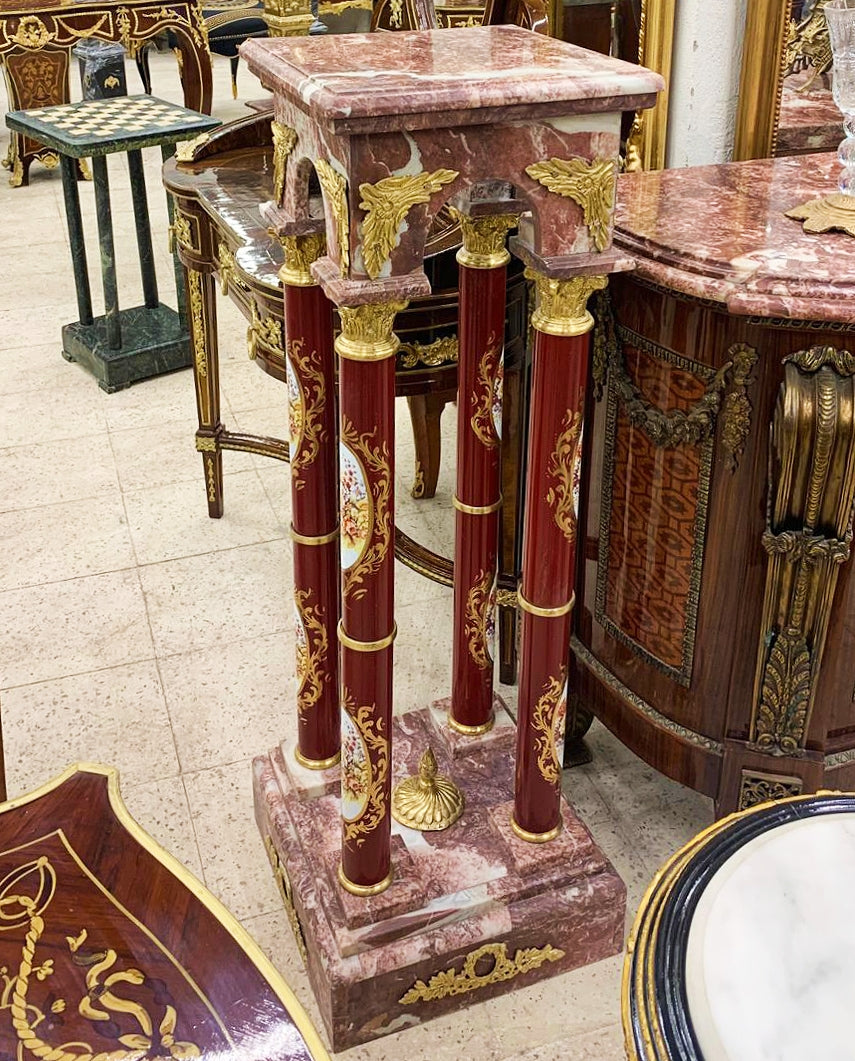 French Louis XVI Marble Topped Wine Red Pedestal Column Gold Leaf Details