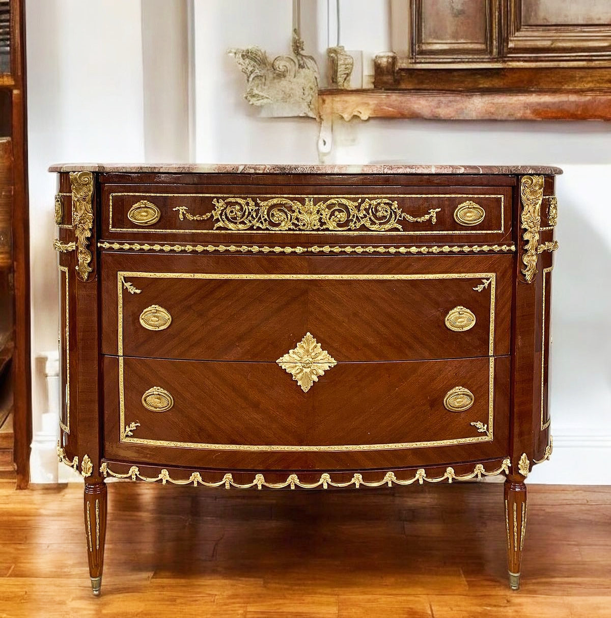French Louis XV Style Brown Marquetry Commode Chest of Drawers Furniture Gold