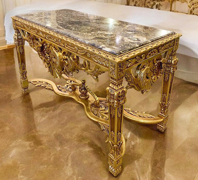 Luxurious French Baroque Marble Table | Gold Leaf | Ornate Console