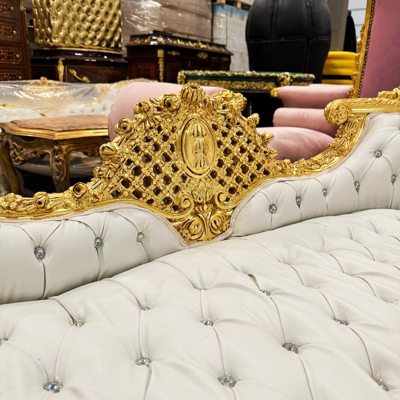 French Style White Tufted Settee Gold Details Interior Design Furniture