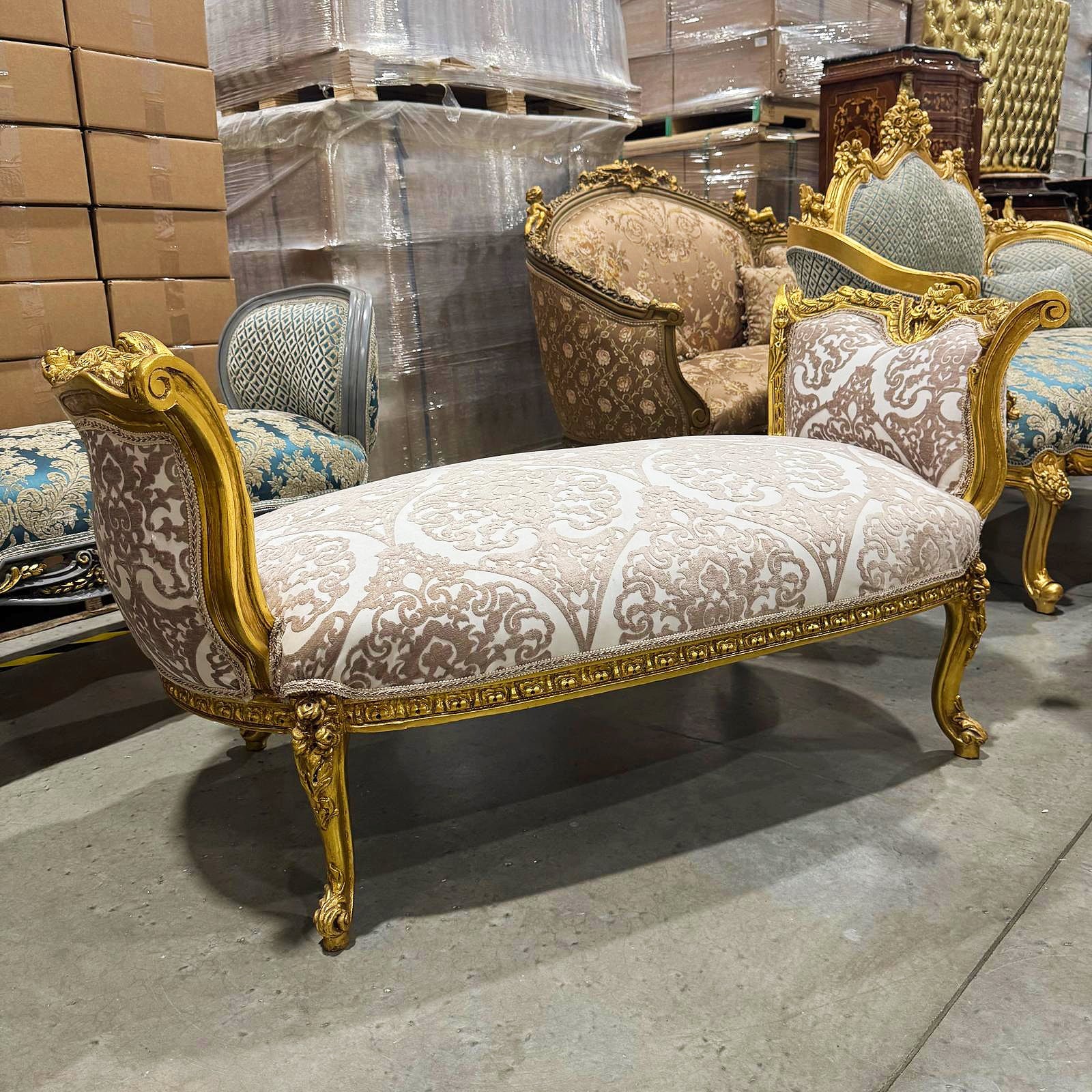 Marquise Bench – French Style Off-White Upholstery with 24K Gold Leaf Details