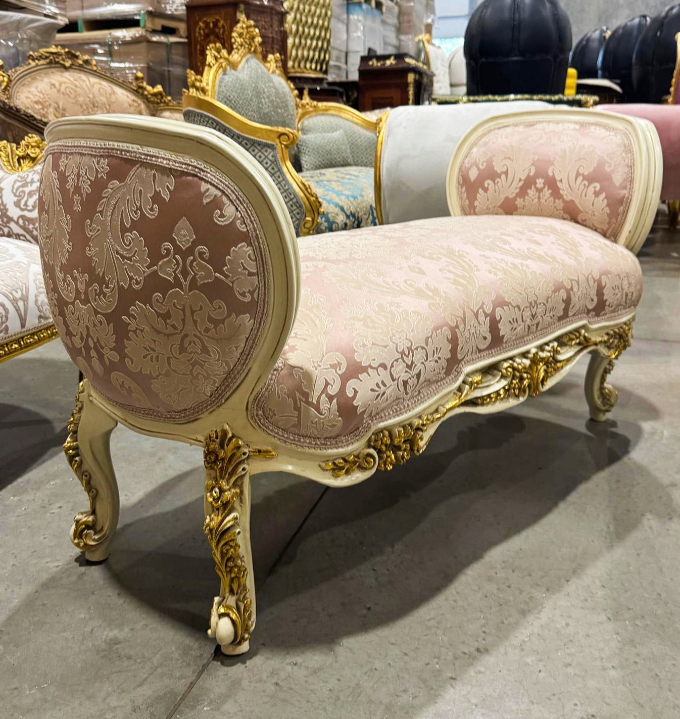Marquis Bench French Style Pink and White Gold Details Interior Design Furniture