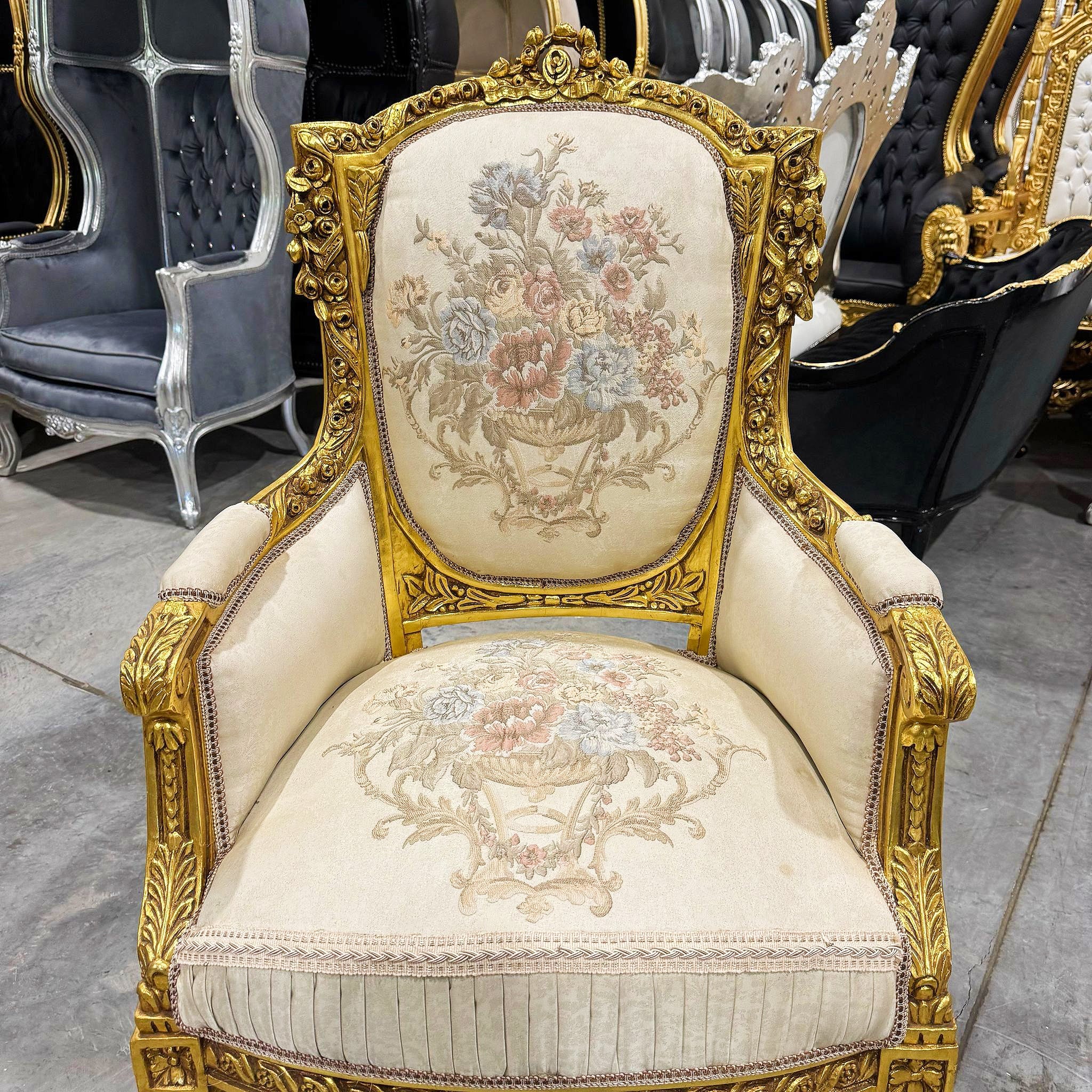French Bergère Wingback Chair White Beige Upholstery Gold Trim Louis XV Style