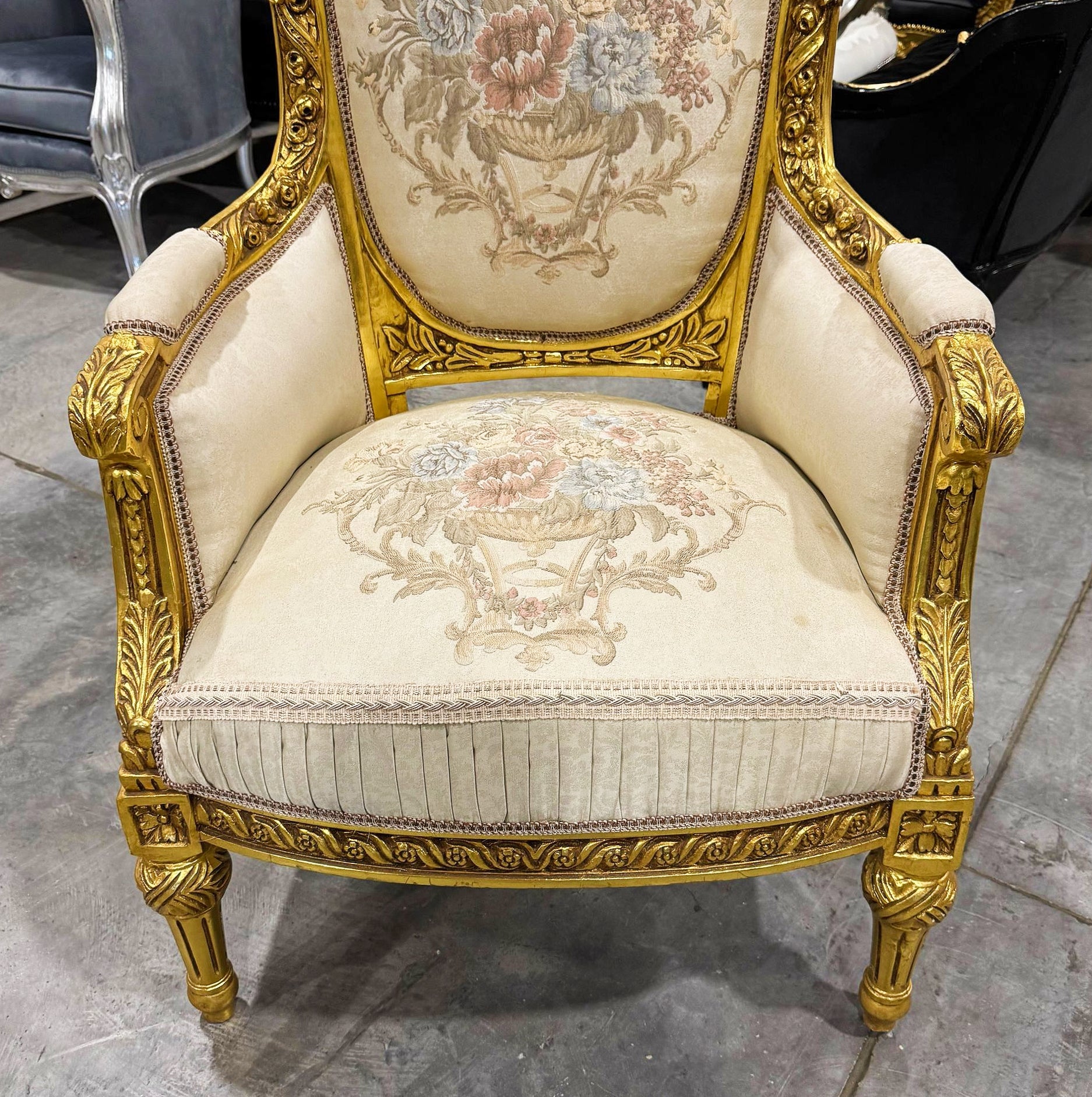 French Bergère Wingback Chair White Beige Upholstery Gold Trim Louis XV Style