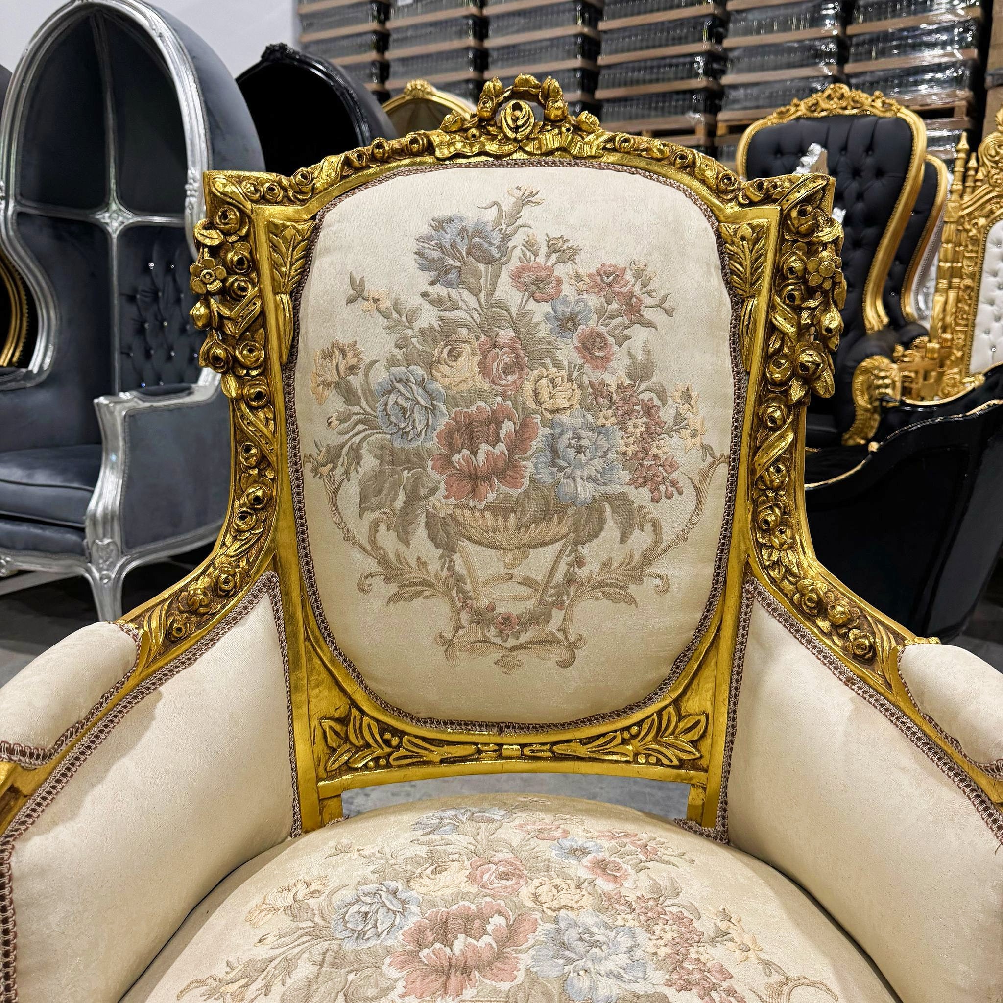 French Bergère Wingback Chair White Beige Upholstery Gold Trim Louis XV Style